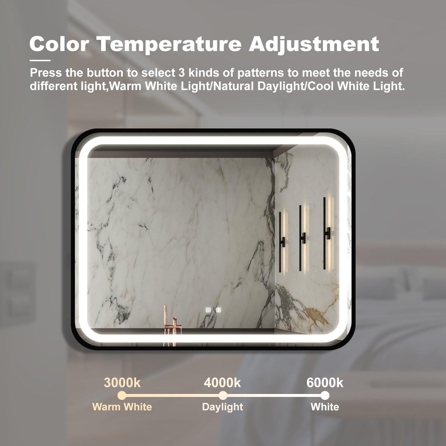 Rectangular LED bathroom mirror with adjustable color temperature showing warm white light setting