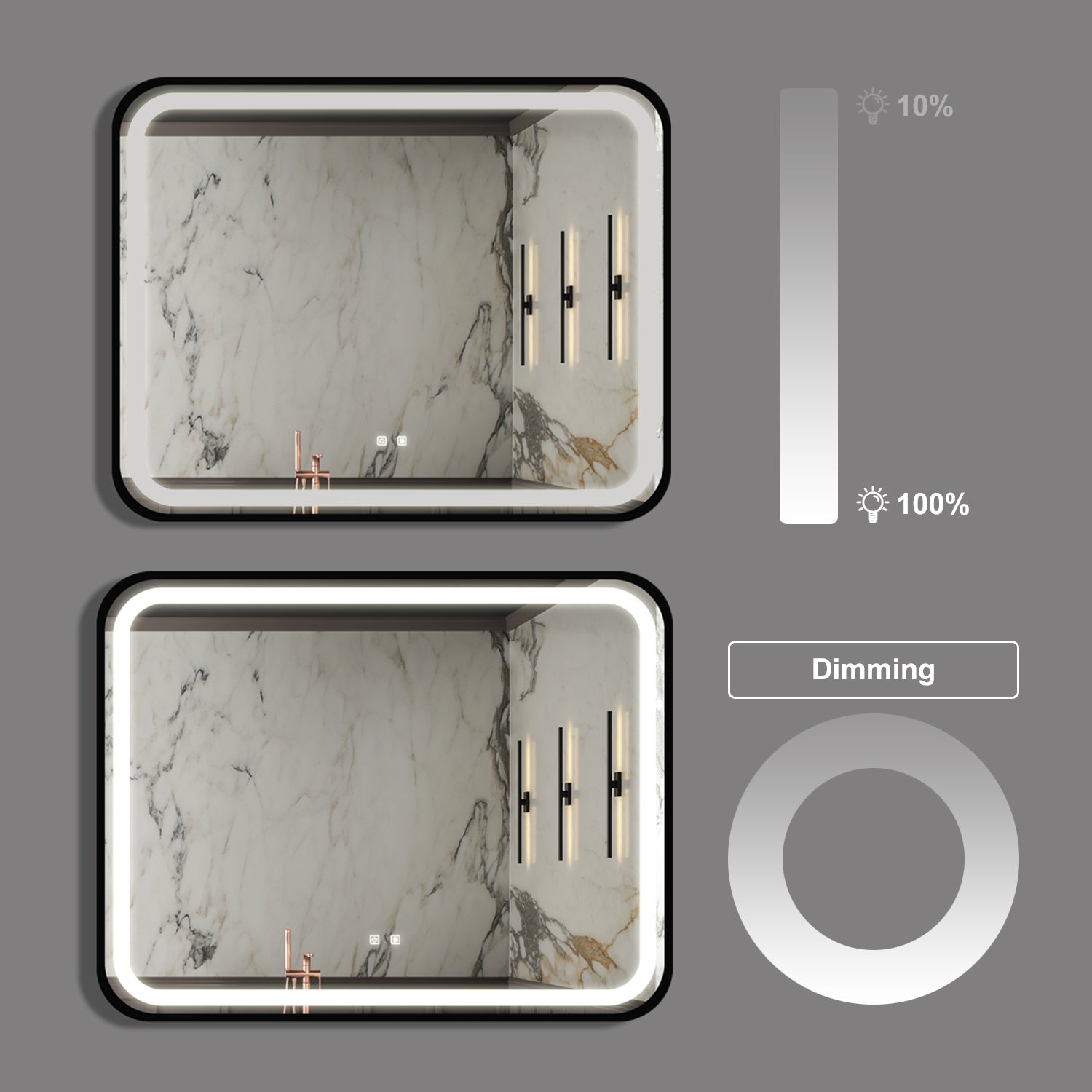 Modern backlit bathroom mirror with marble effect ideal for vanities