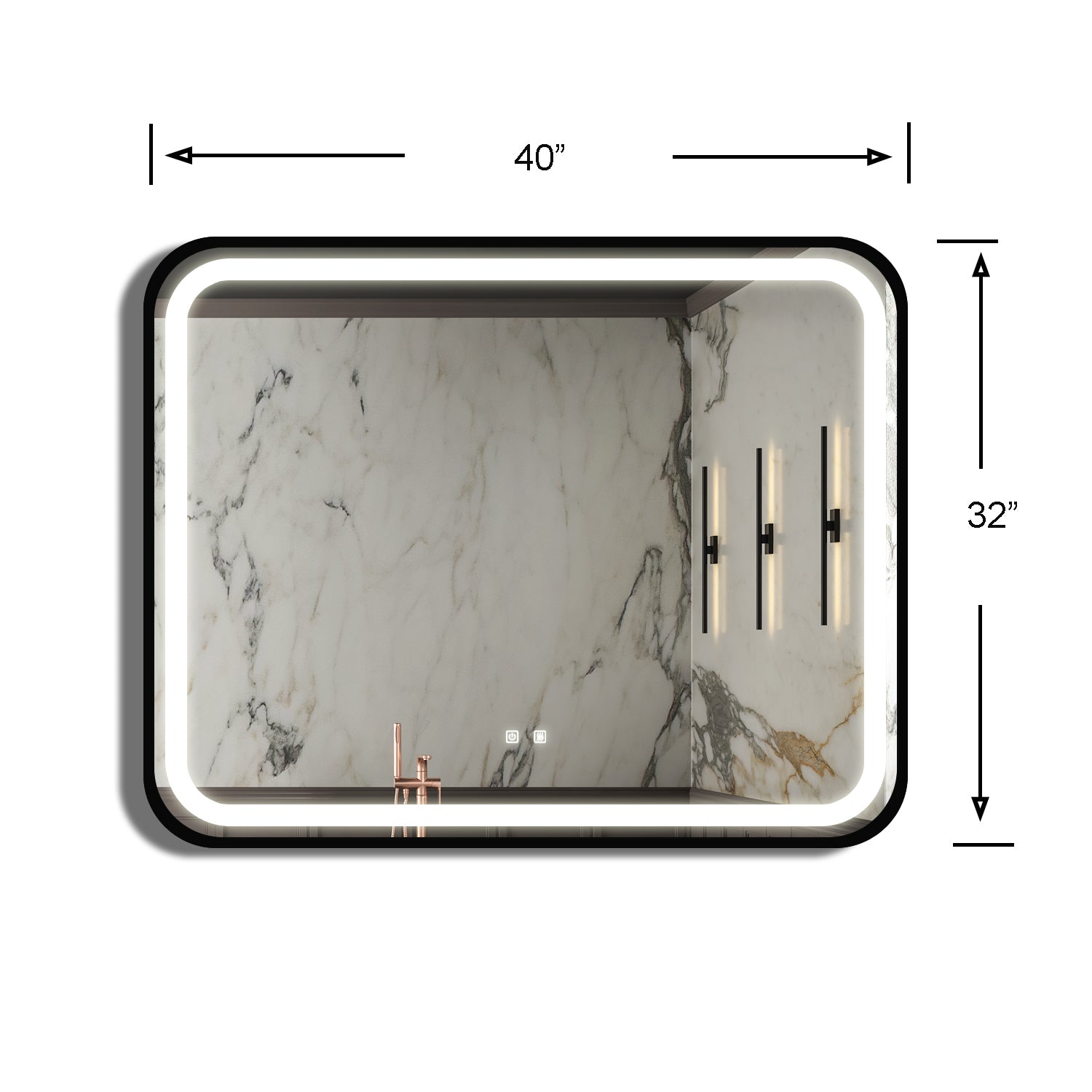 Modern inch illuminated LED bathroom mirror with integrated touch controls and a marbleeffect background