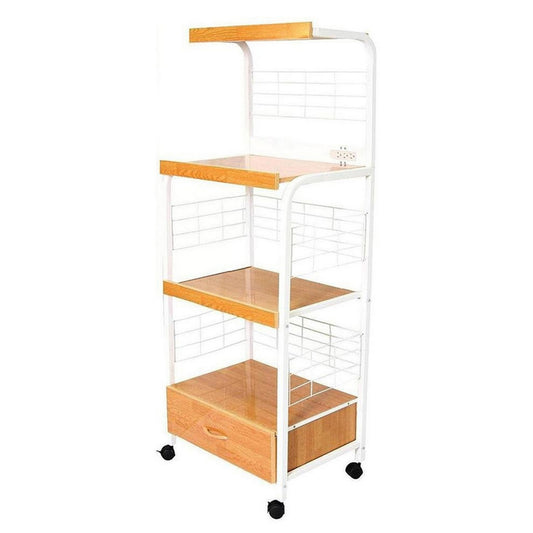 White metal kitchen rack with wood shelves and two drawers on casters