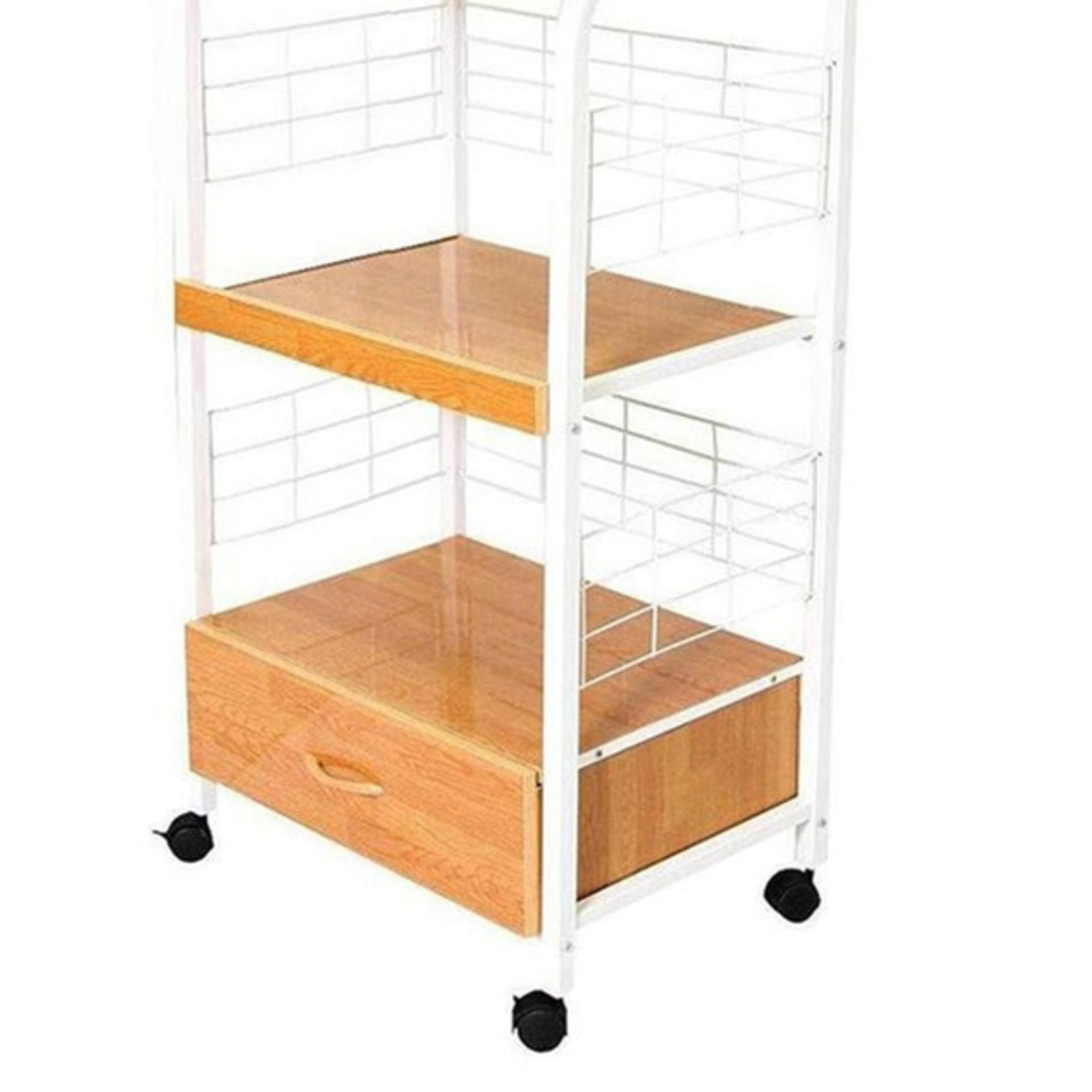 White metal kitchen cart with wood grain shelves and a pullout drawer on wheels