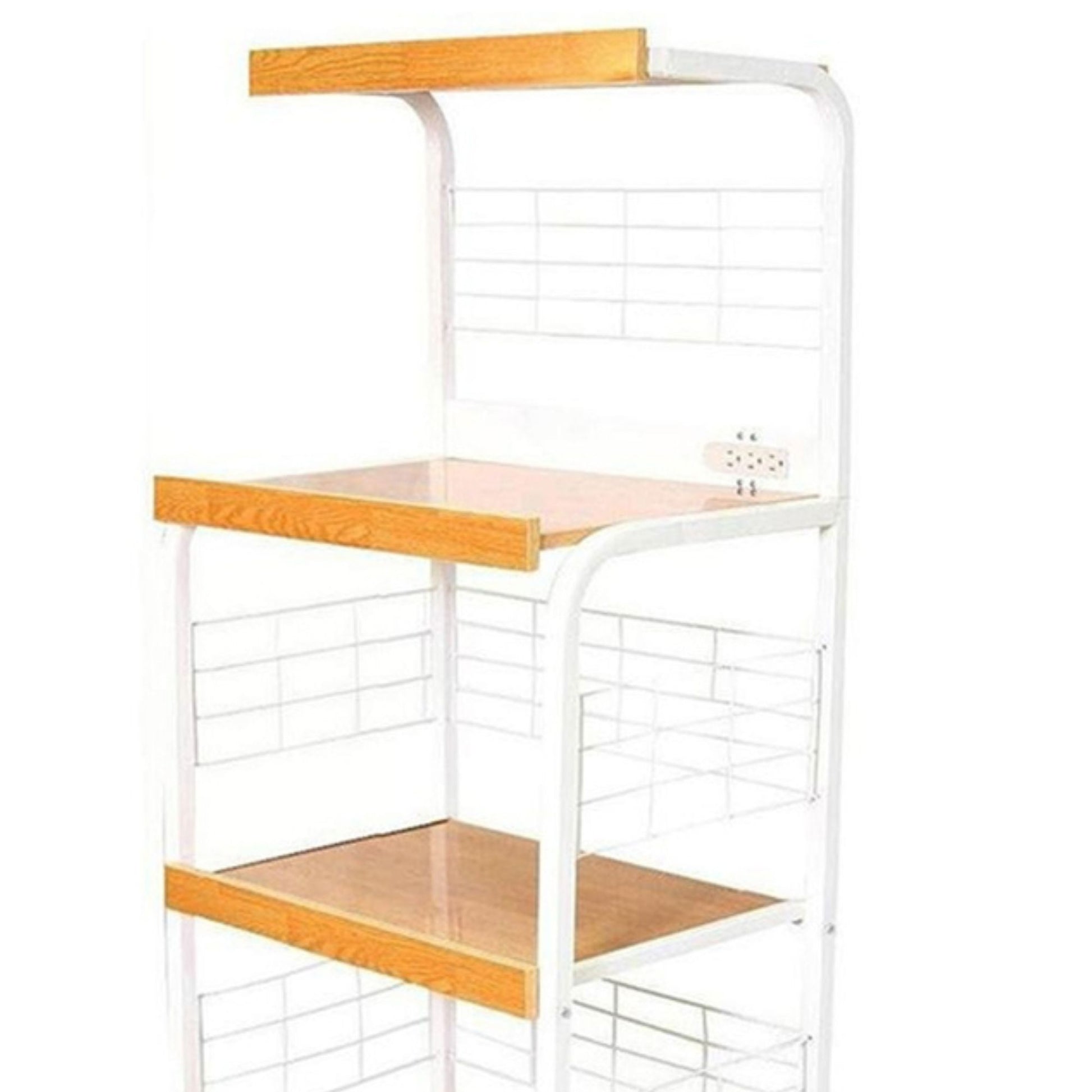 White metal kitchen rack with three wooden shelves and wire baskets for organized storage