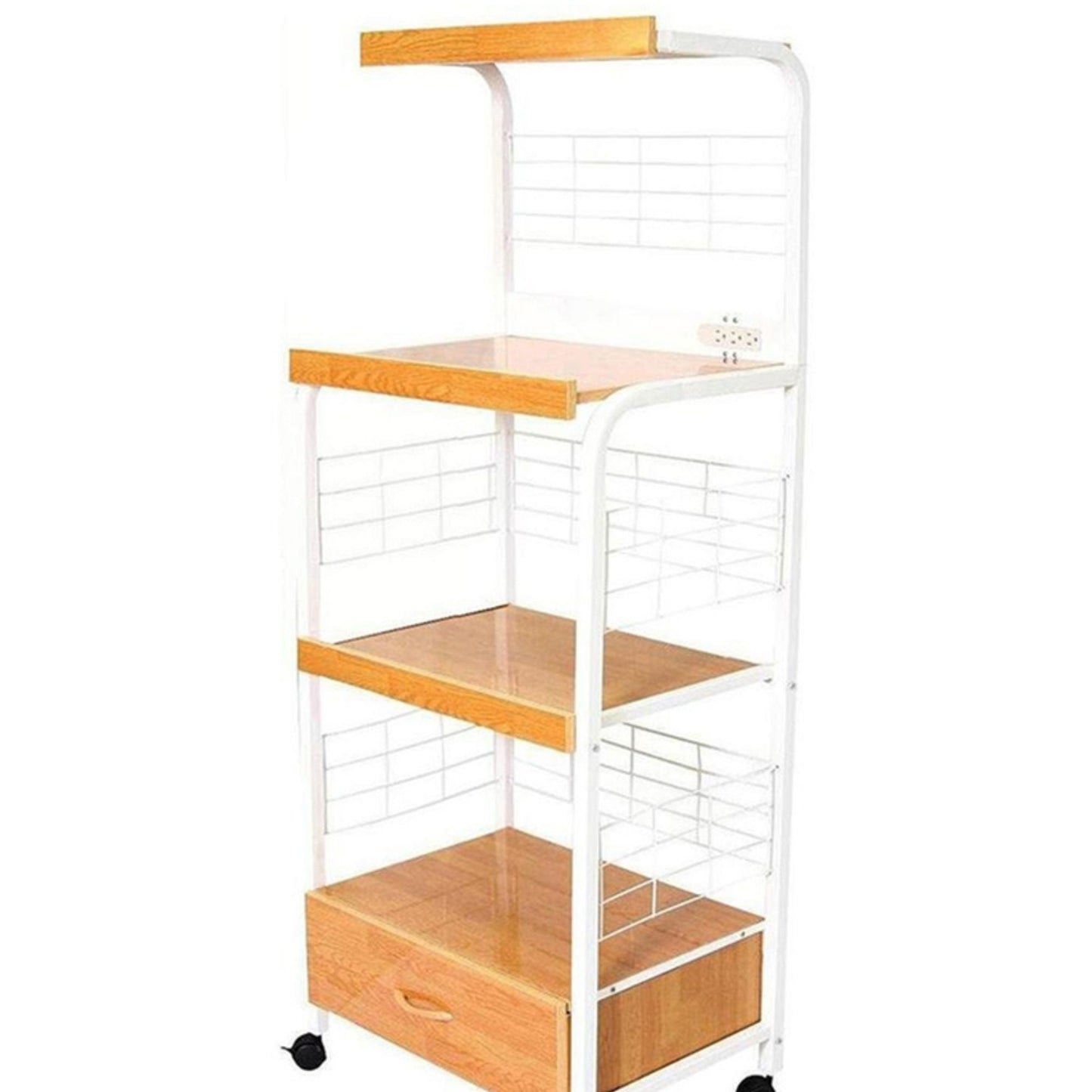 White metal kitchen rack with wood shelves featuring  tiers and  drawer on wheels for easy mobility