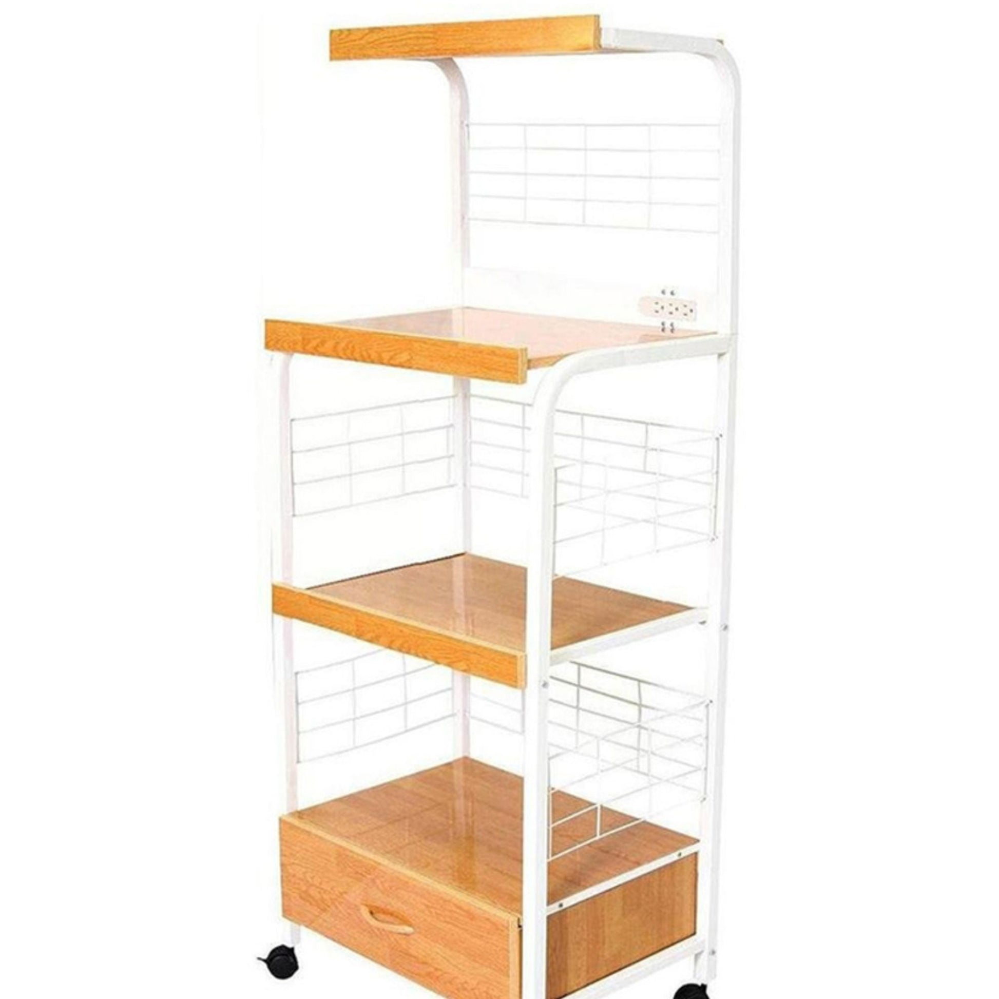 White metal kitchen rack with wood shelves featuring  tiers and  drawer on wheels for easy mobility