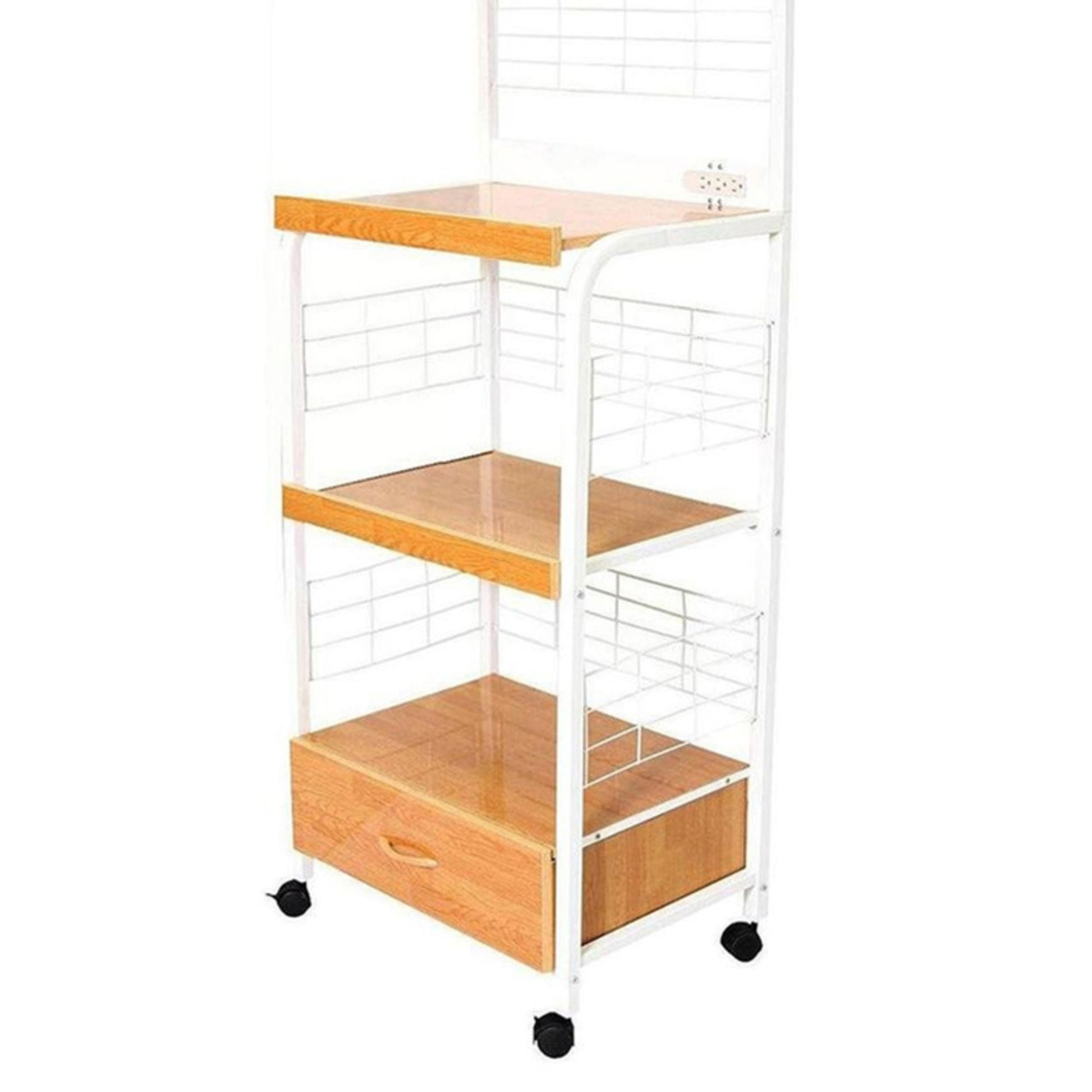White metal kitchen cart with three wood shelves one drawer and casters