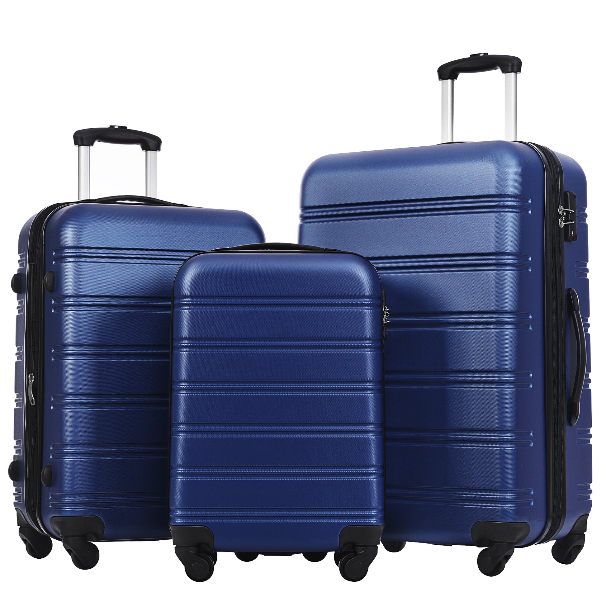 Three hardside rolling luggage pieces in deep blue perfect for travel