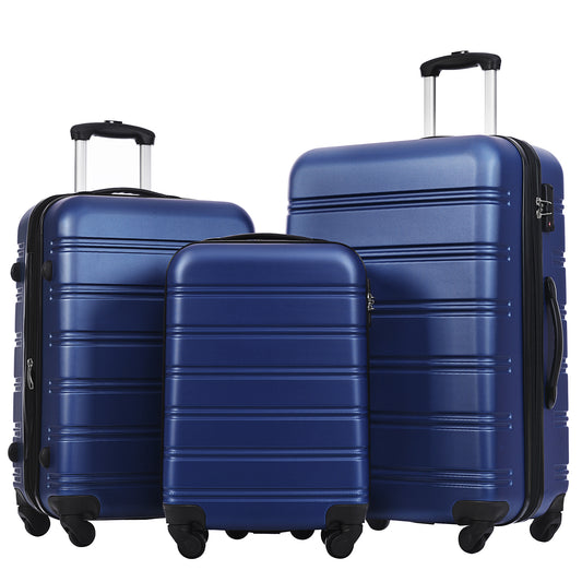 Three hardside rolling luggage pieces in deep blue perfect for travel