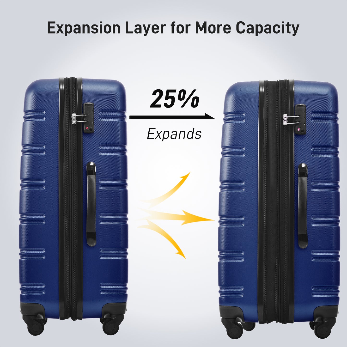 Dark blue hardside suitcase showing  expansion for more packing capacity