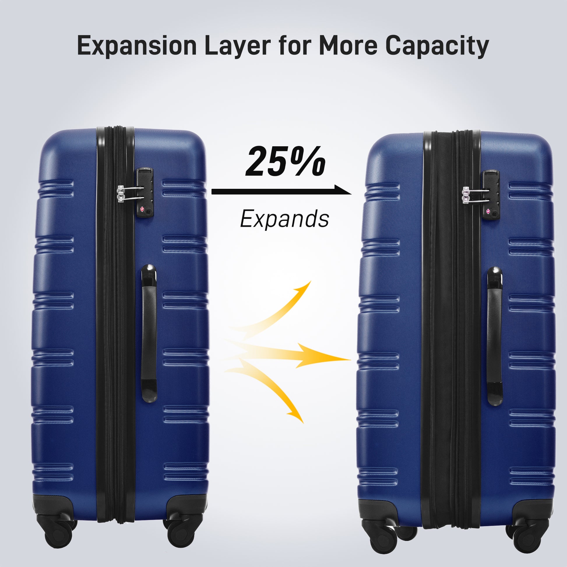 Dark blue hardside suitcase showing  expansion for more packing capacity
