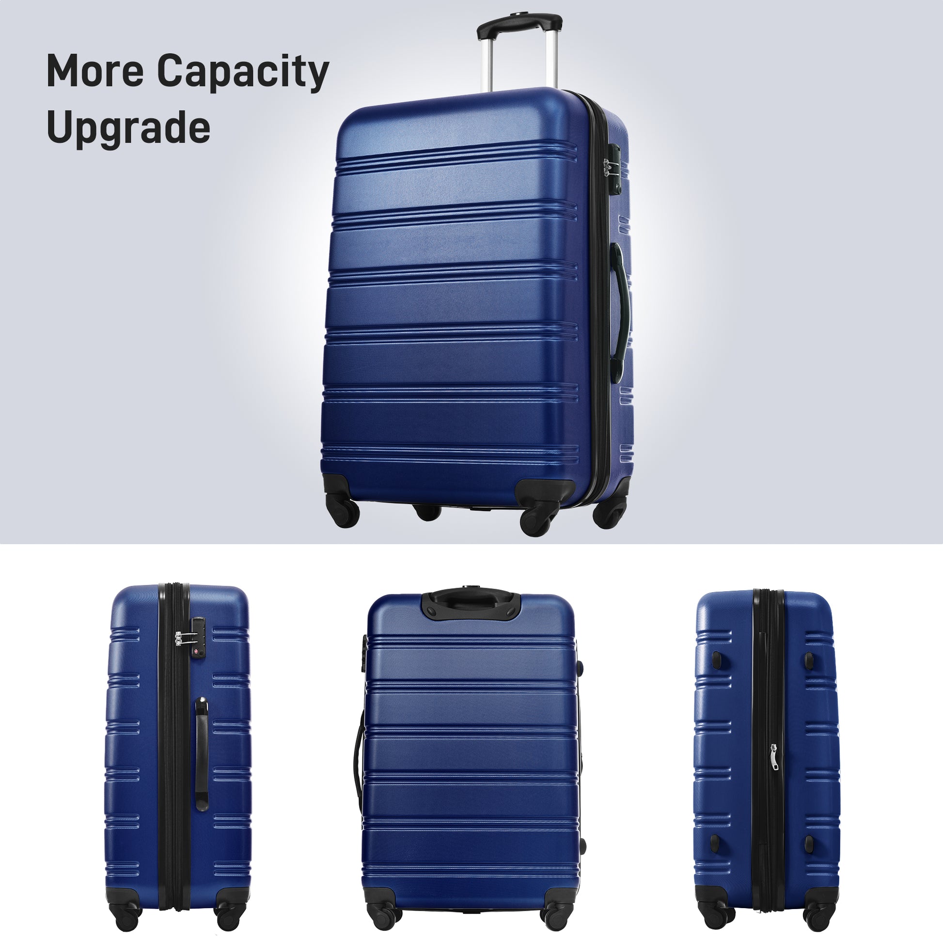 Dark blue hardshell travel suitcase with spinner wheels and TSA lock