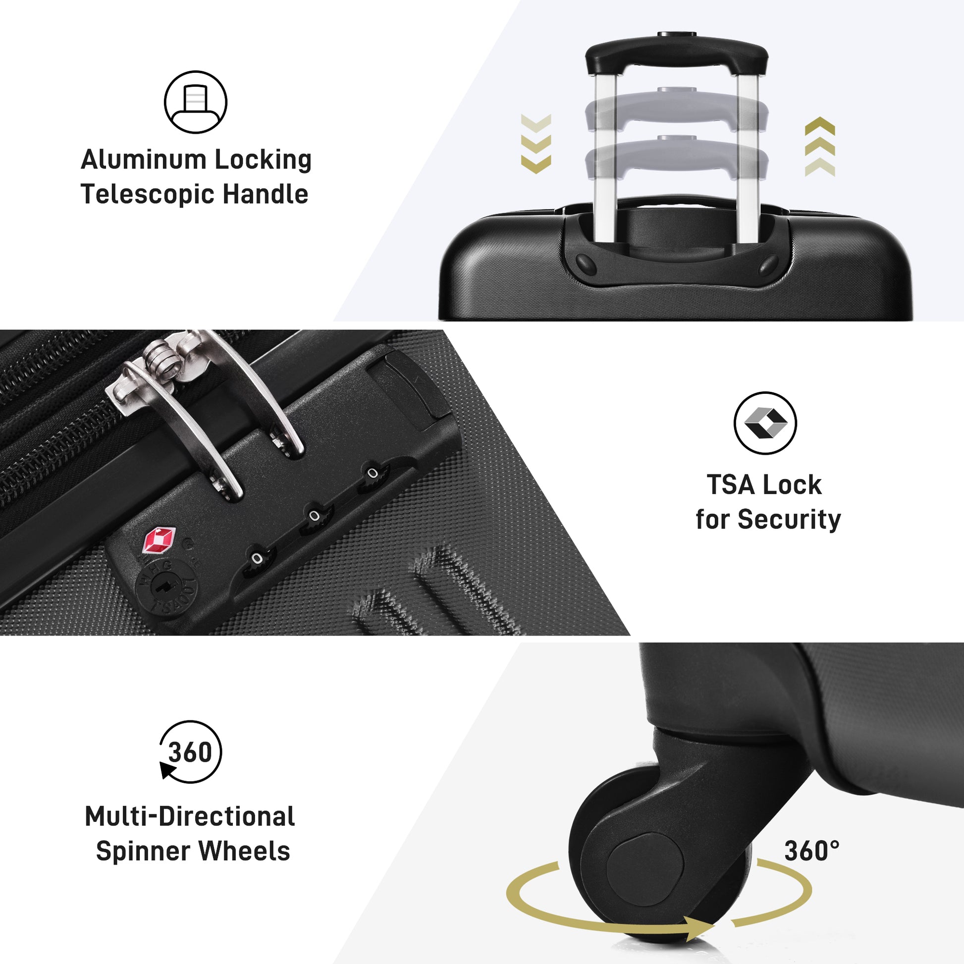 Closeup of a black suitcase featuring a TSA lock with a diamondshaped logo for security