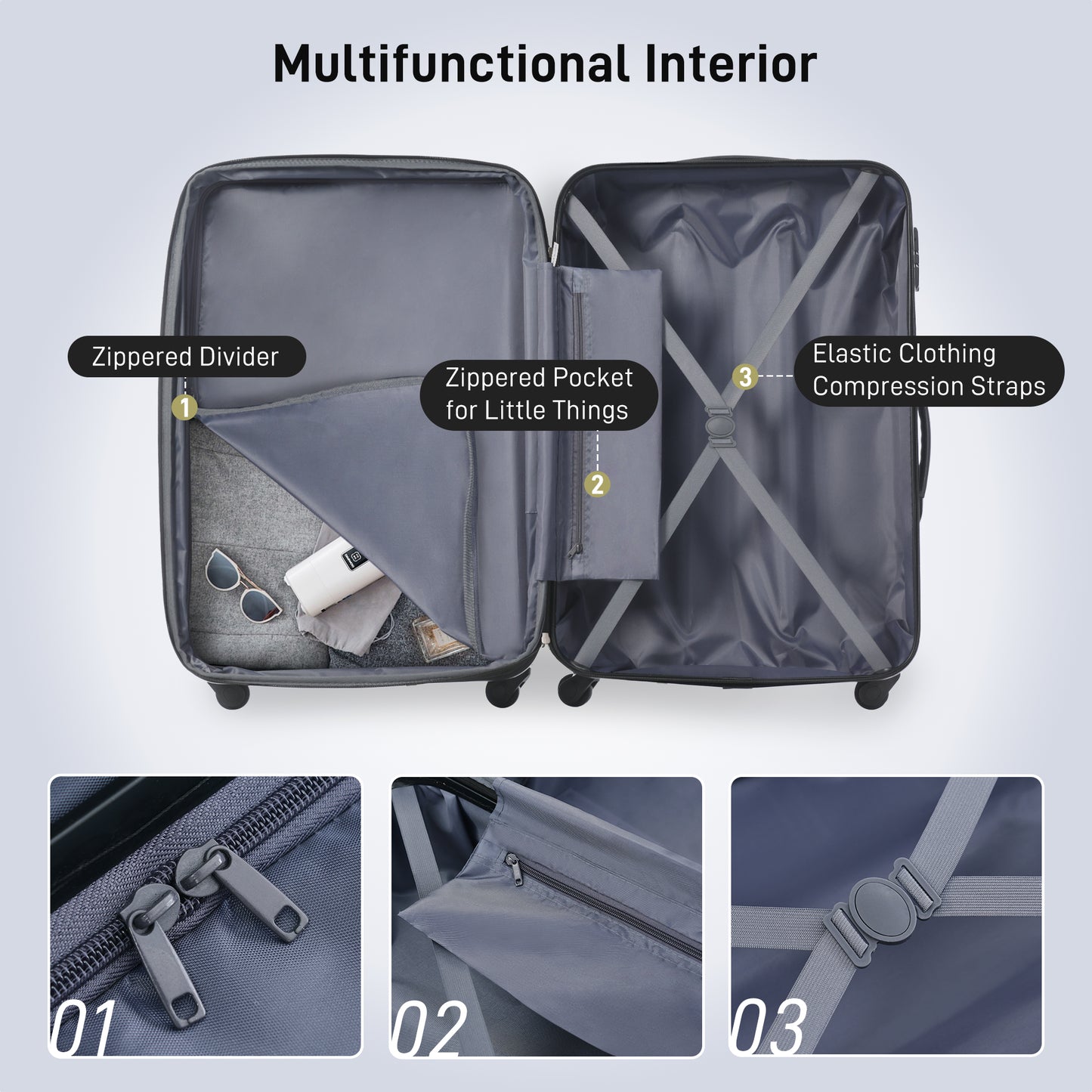 Open gray suitcase interior with zippered divider and elastic compression straps