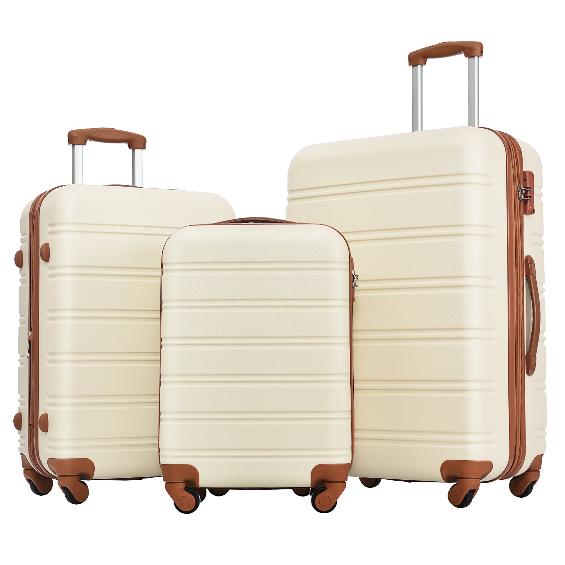 Three cream hardshell suitcases with brown trim and wheels perfect for travel