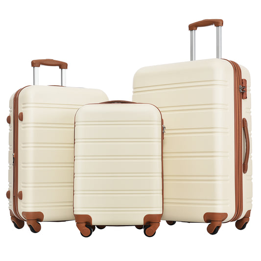 Three cream hardshell suitcases with brown trim and wheels perfect for travel