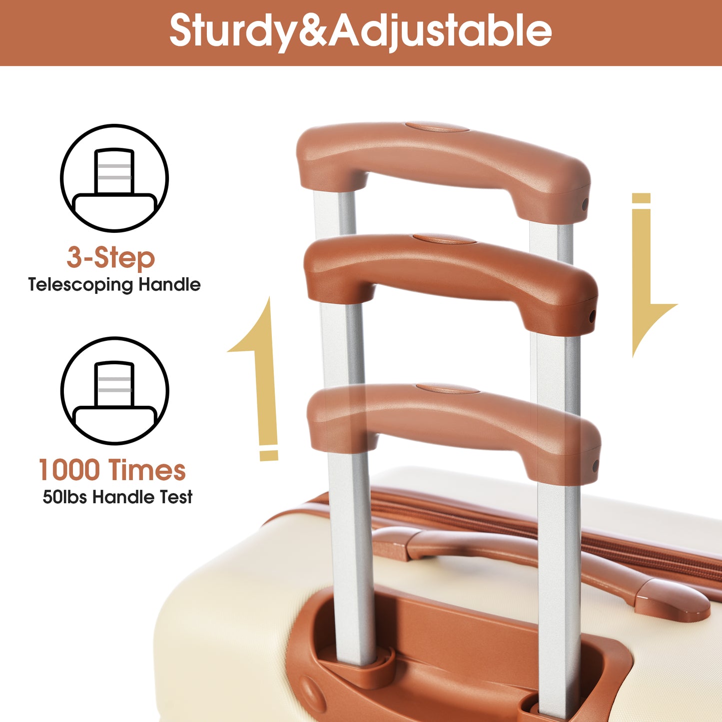 Cream suitcase with adjustable brown telescoping handle for travel