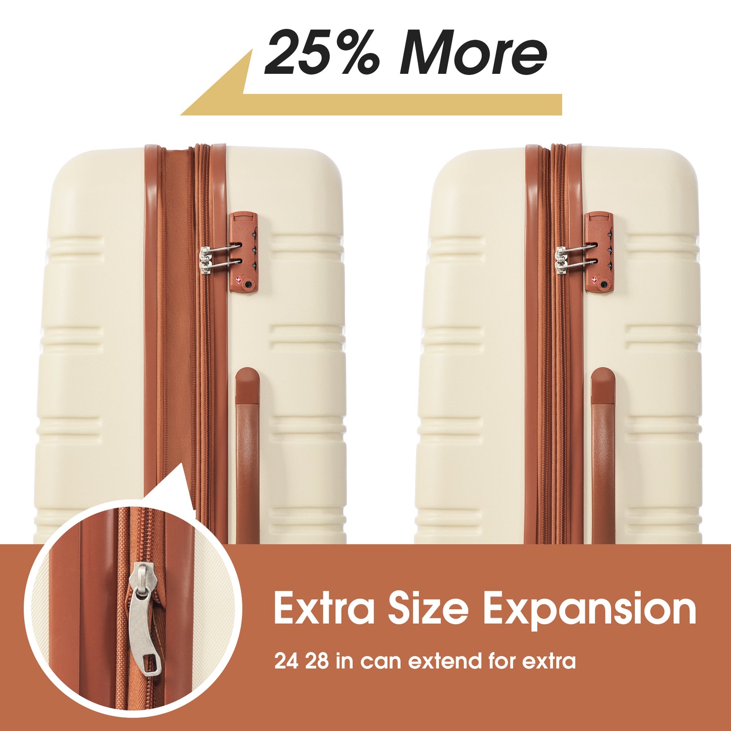 Cream luggage with brown trim features TSA lock and expandable zipper for travel
