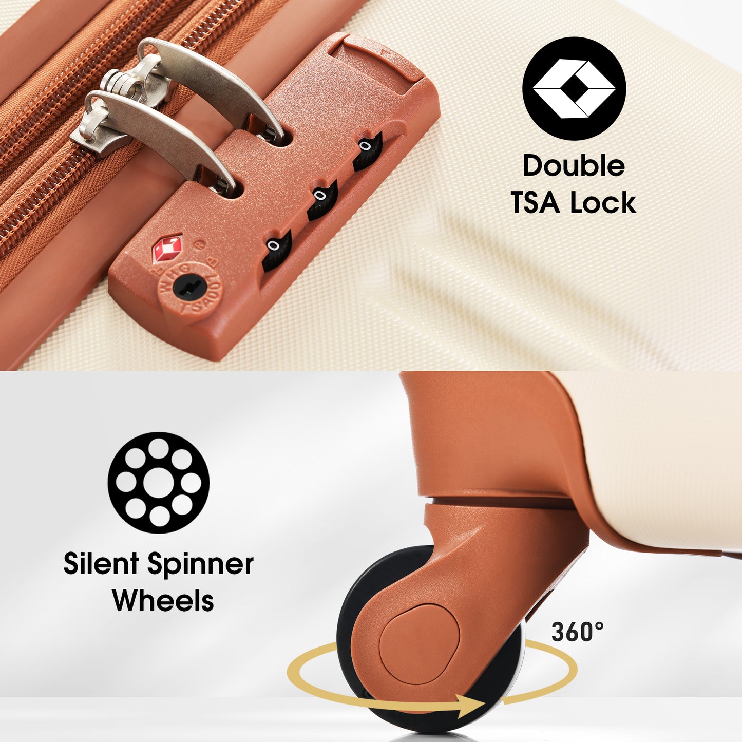 Closeup of a beige suitcase featuring a TSA lock with three number dials and silver zipper pulls
