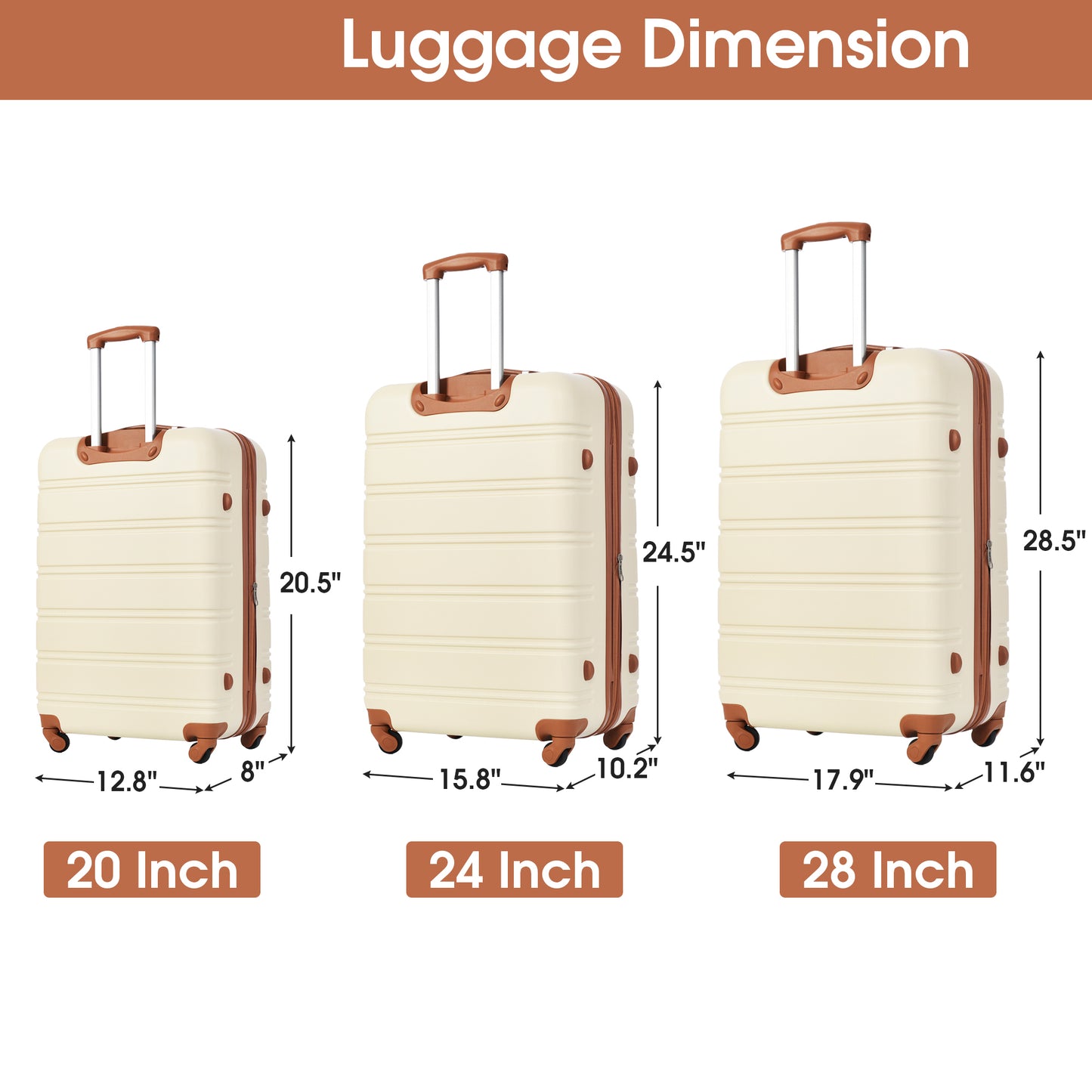 Three creamcolored hardside luggage sizes inch inch and inch