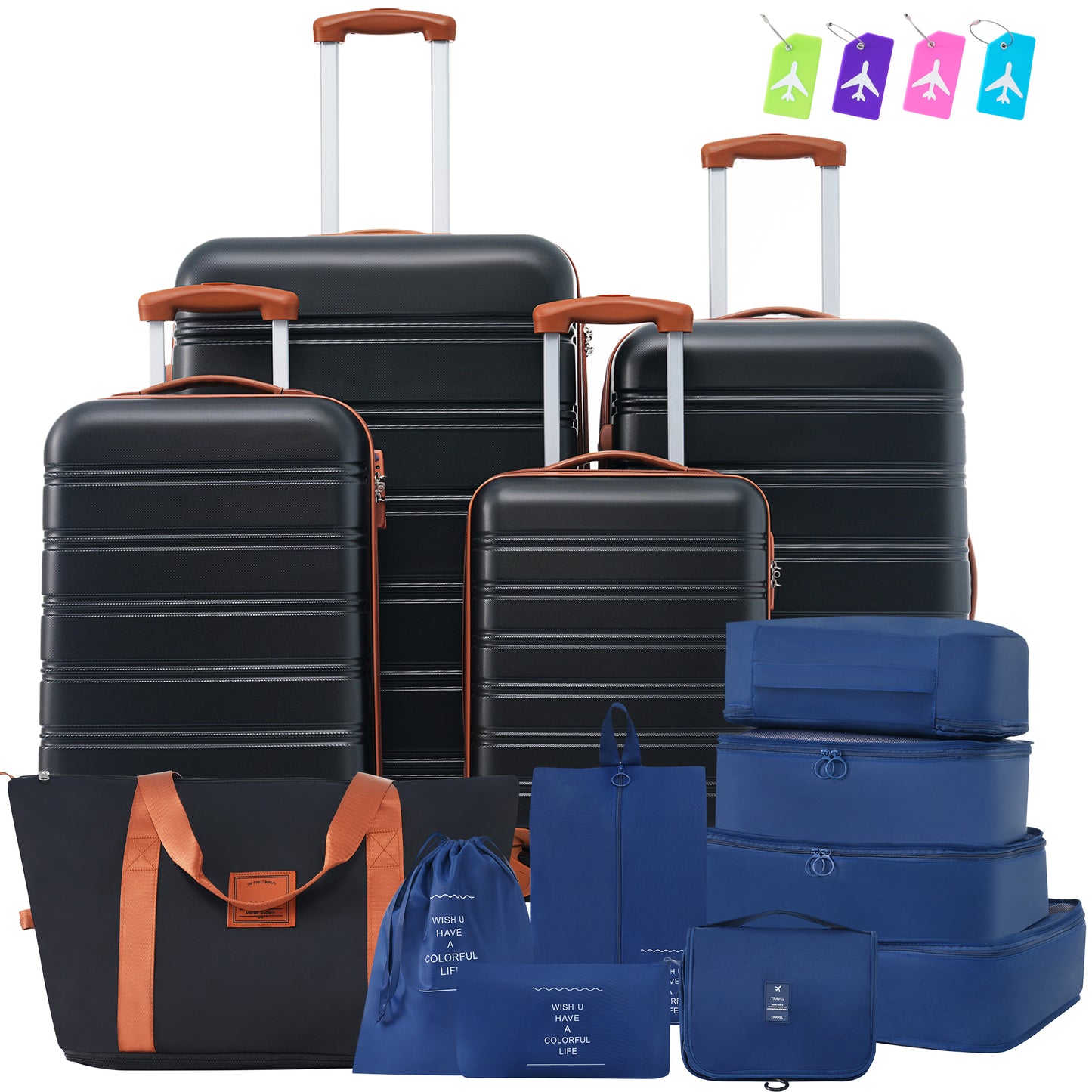 Black hardshell luggage set with brown accents and travel accessories