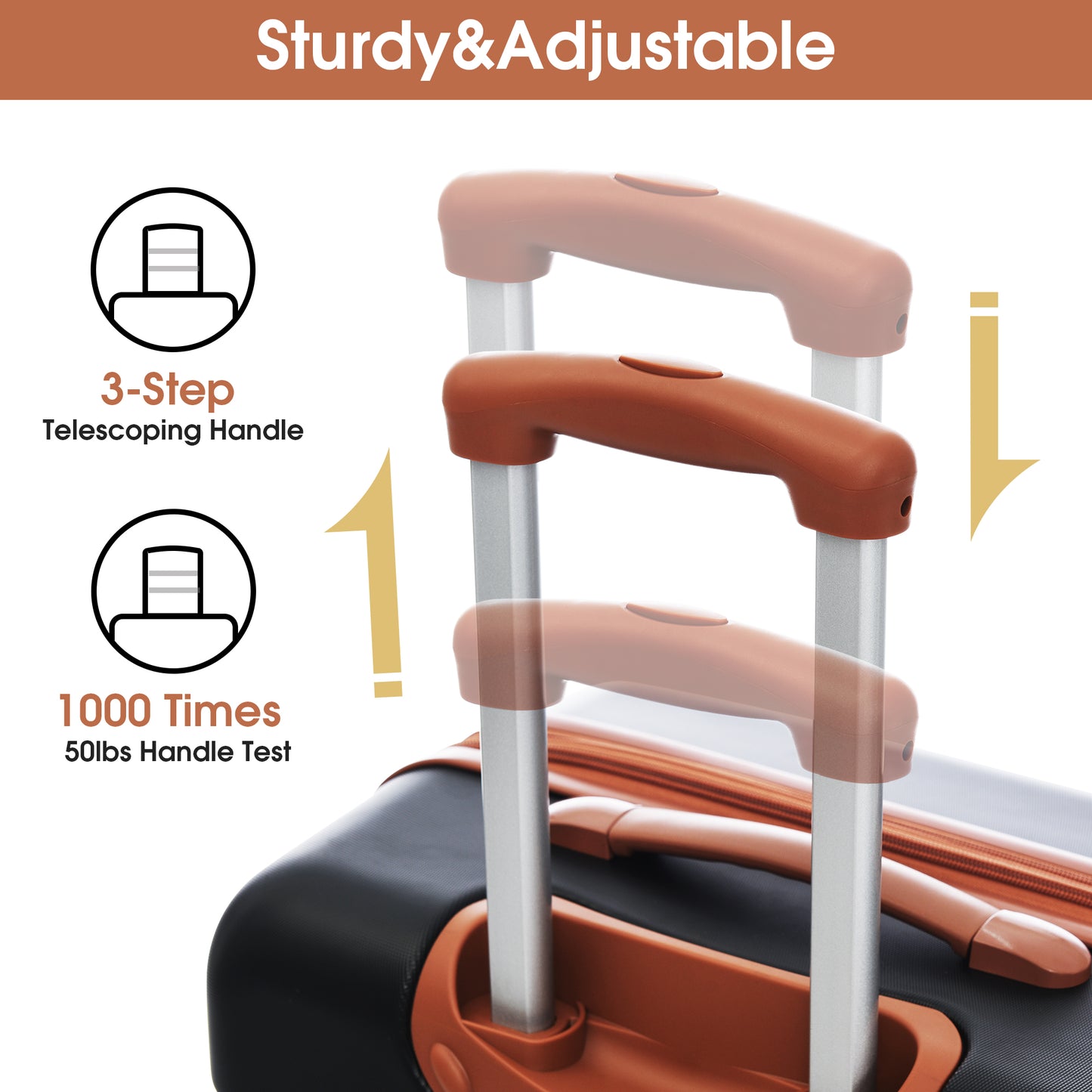 Black suitcase with adjustable orange telescoping handle and step height settings