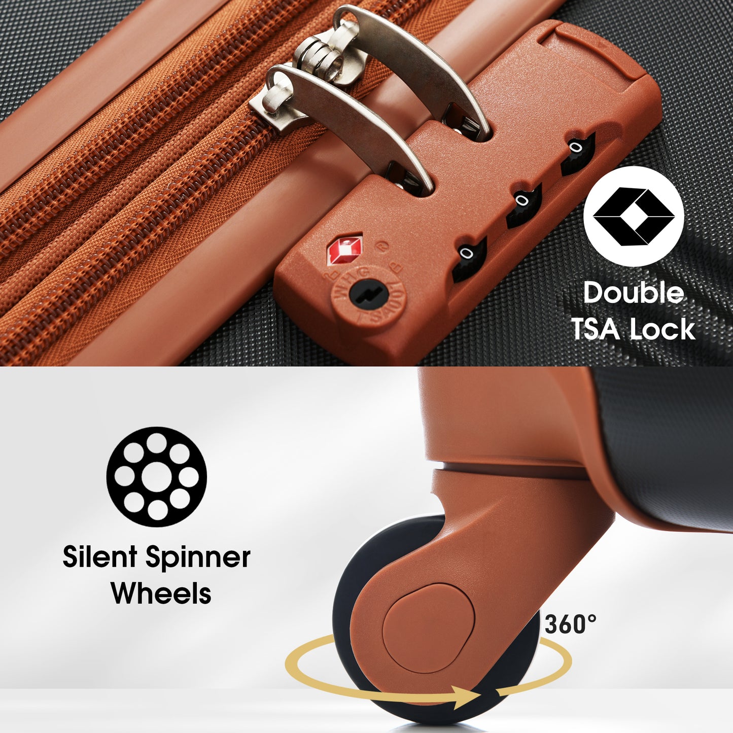 Brown luggage with a TSA lock and a closeup of its zipper detail