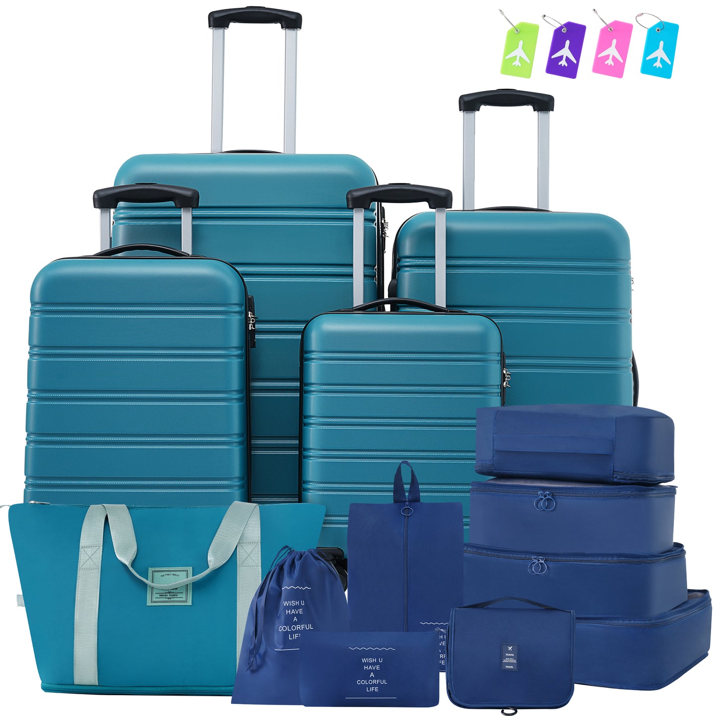 Teal hardside luggage set with multiple sizes and matching travel organizers for efficient packing