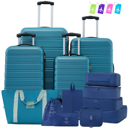 Teal hardside luggage set with multiple sizes and matching travel organizers for efficient packing