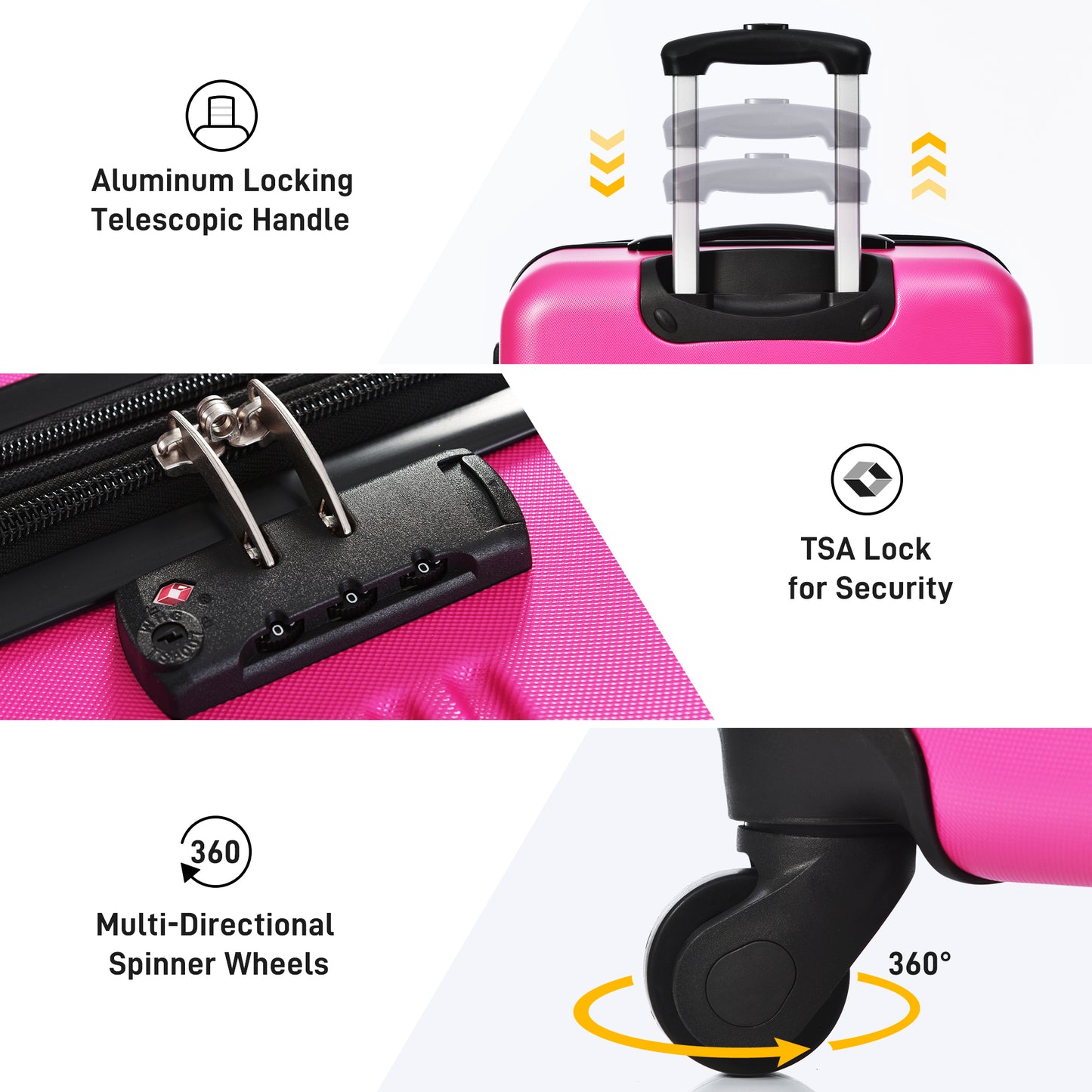 Pink hardshell suitcase with a locking telescopic handle for easy travel