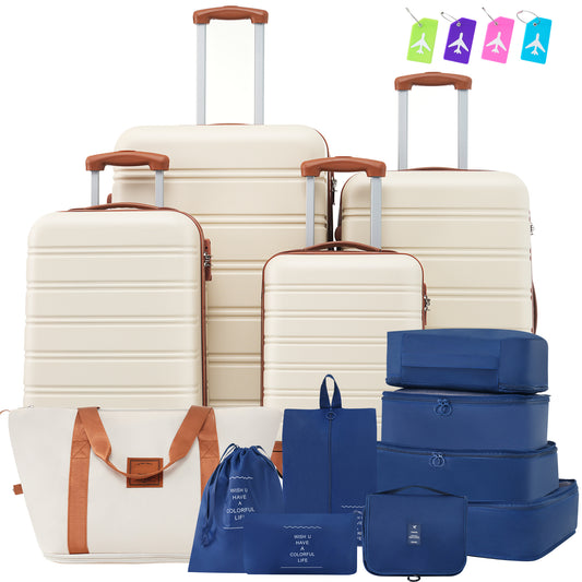 Cream luggage set with brown trim and travel accessories