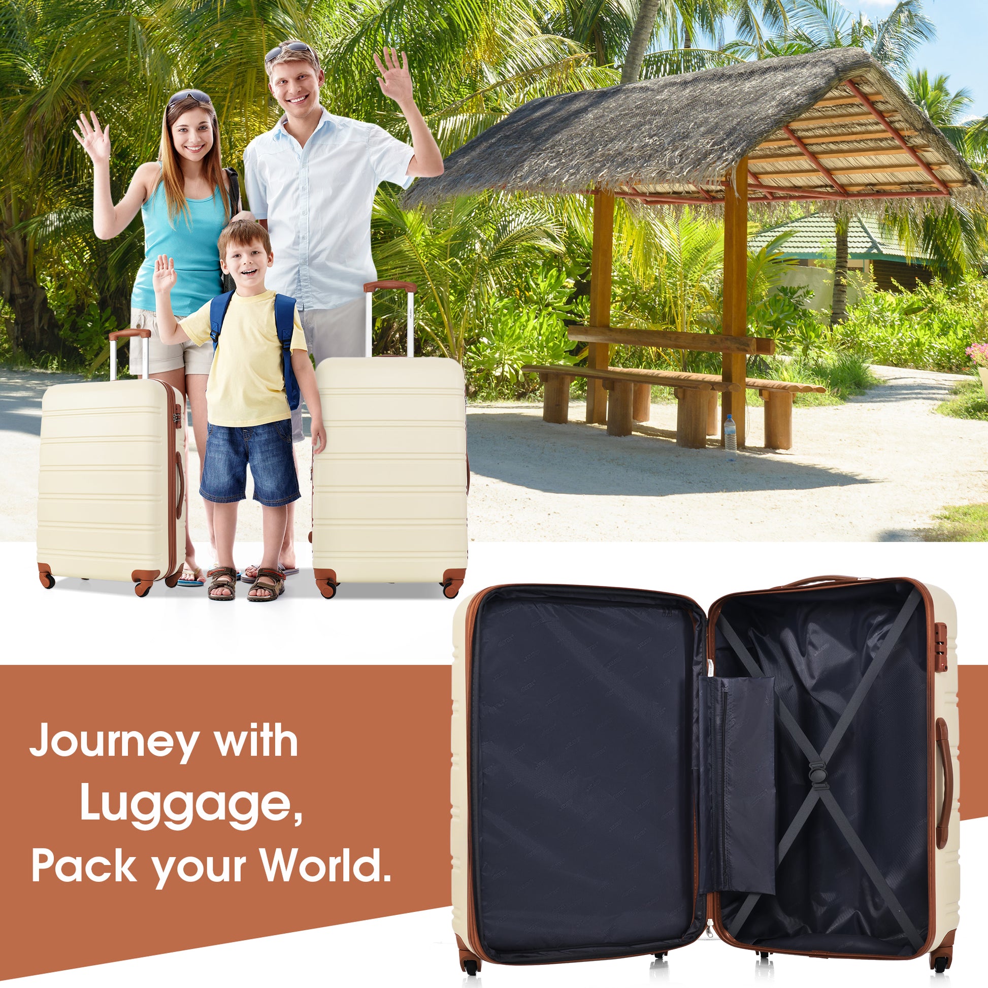Cream suitcase with brown trim and wheels perfect for family travel