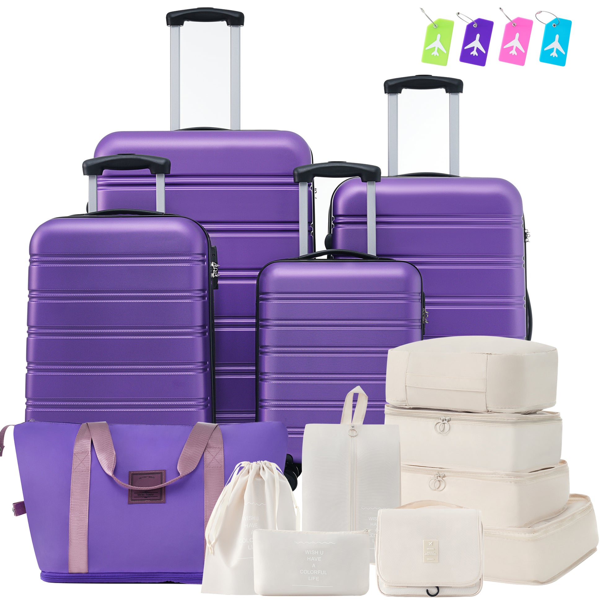 Set of four purple hard shell suitcases and travel organizers