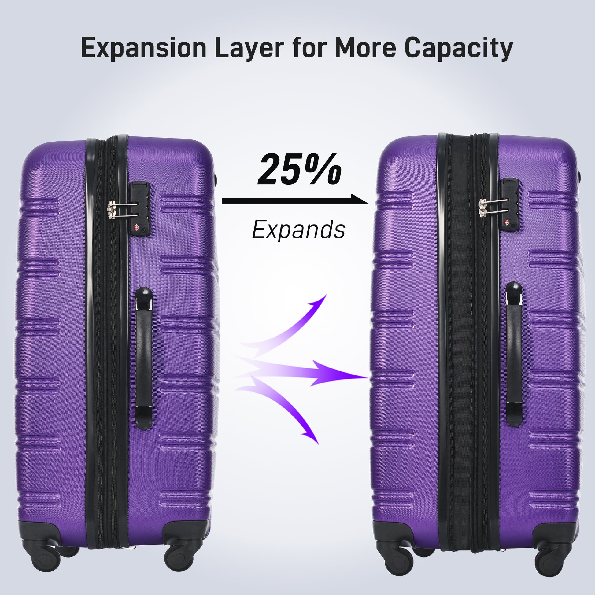 Purple expandable luggage showing expanded capacity with TSA lock