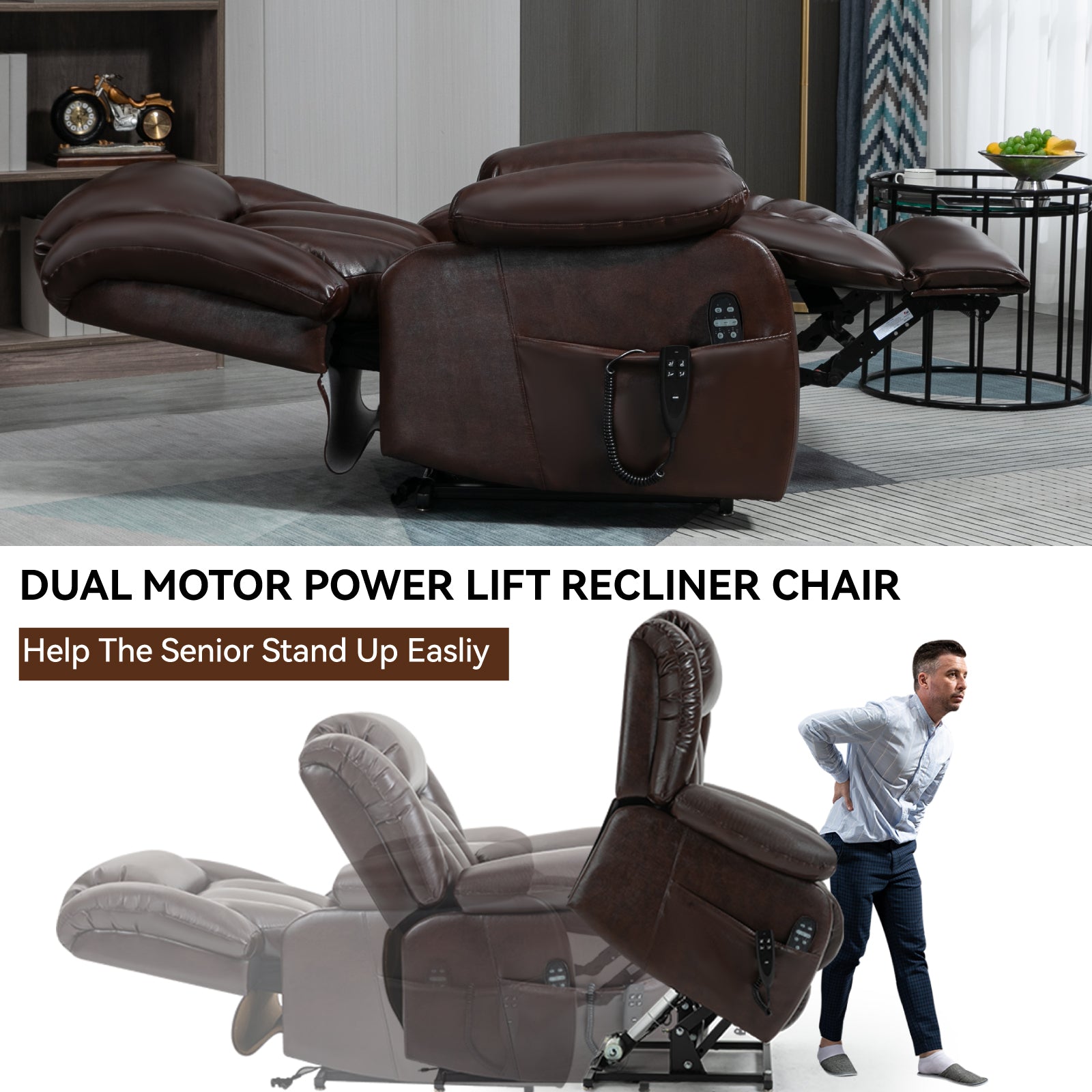 Brown dual motor power lift recliner chair with remote for seniors