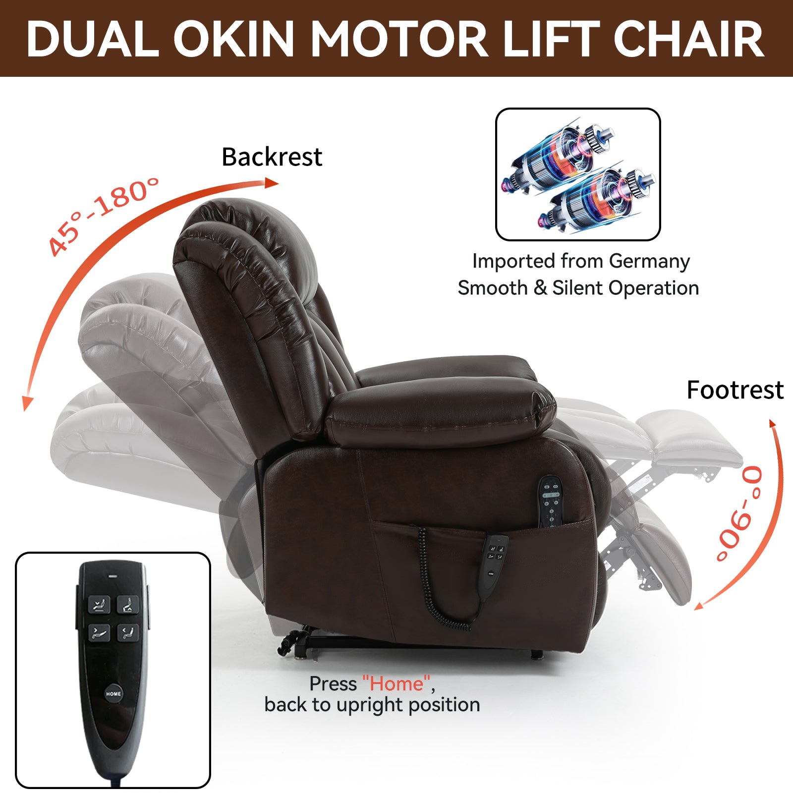 Brown faux leather lift chair with dual OKIN motors shown in reclined position