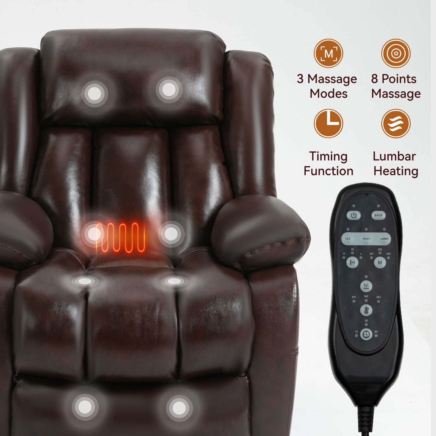 Dark brown faux leather massage recliner with  massage points and lumbar heating