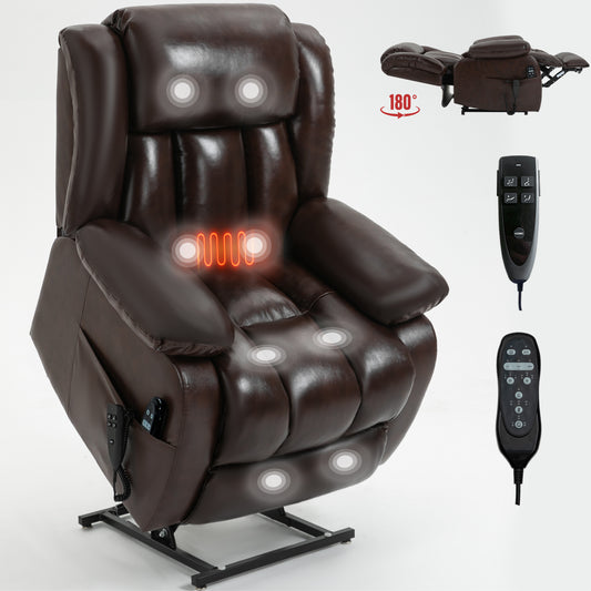 Brown leather lift recliner chair with heating and massage functions