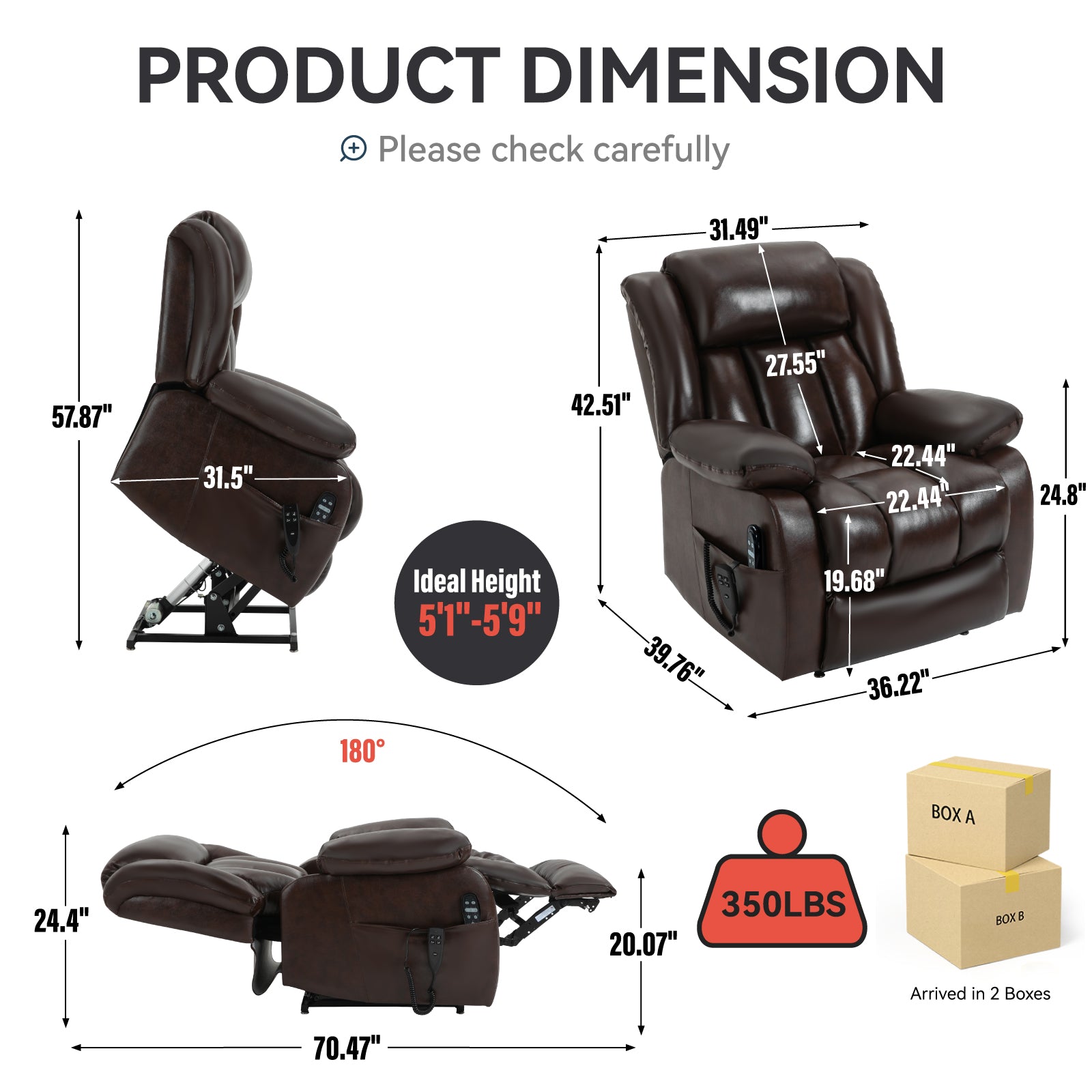 Brown leather power lift recliner shown in upright position with dimensions