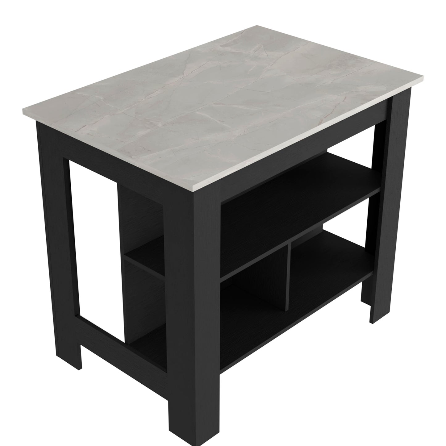 Modern black kitchen island with faux marble top and open shelving