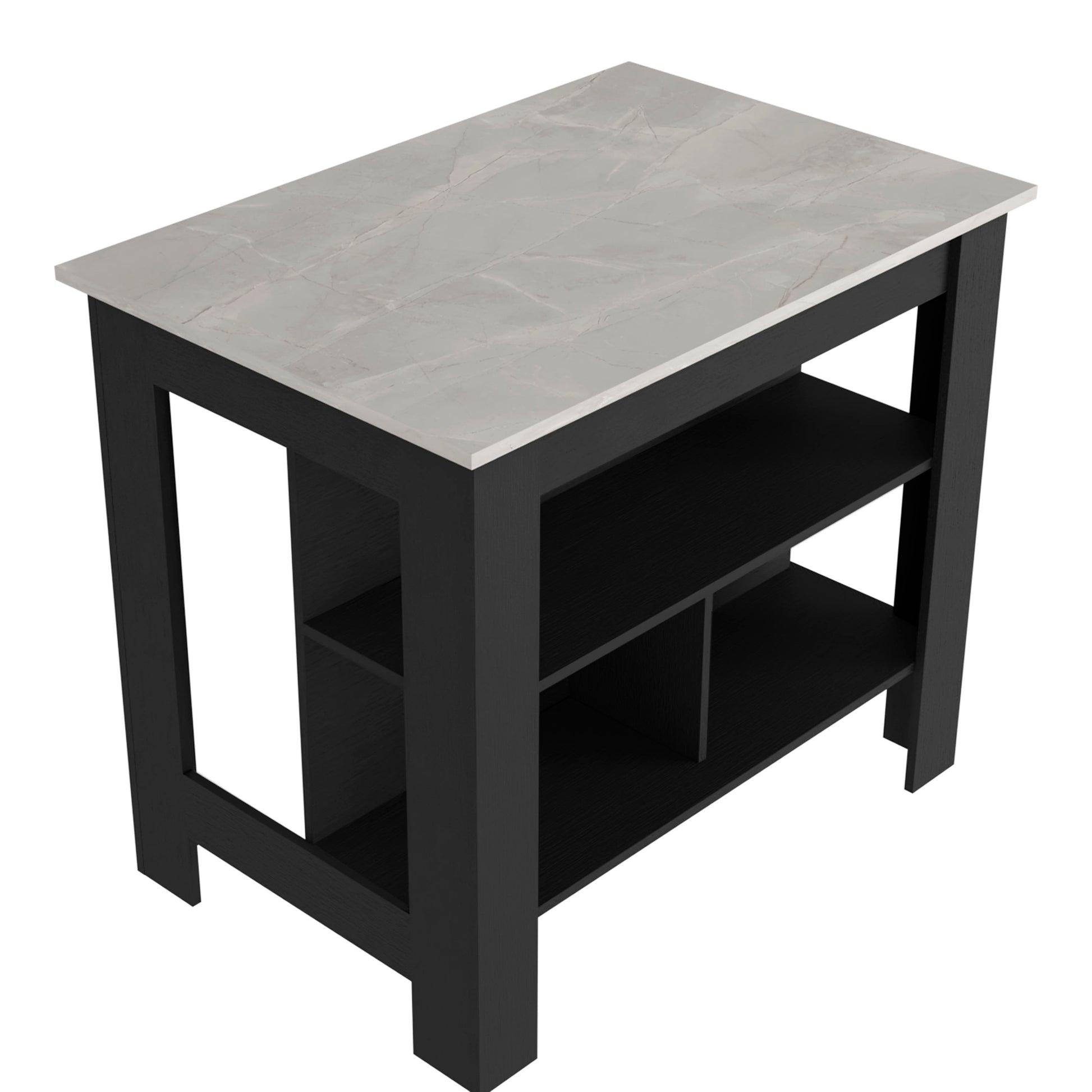 Modern black kitchen island with faux marble top and open shelving