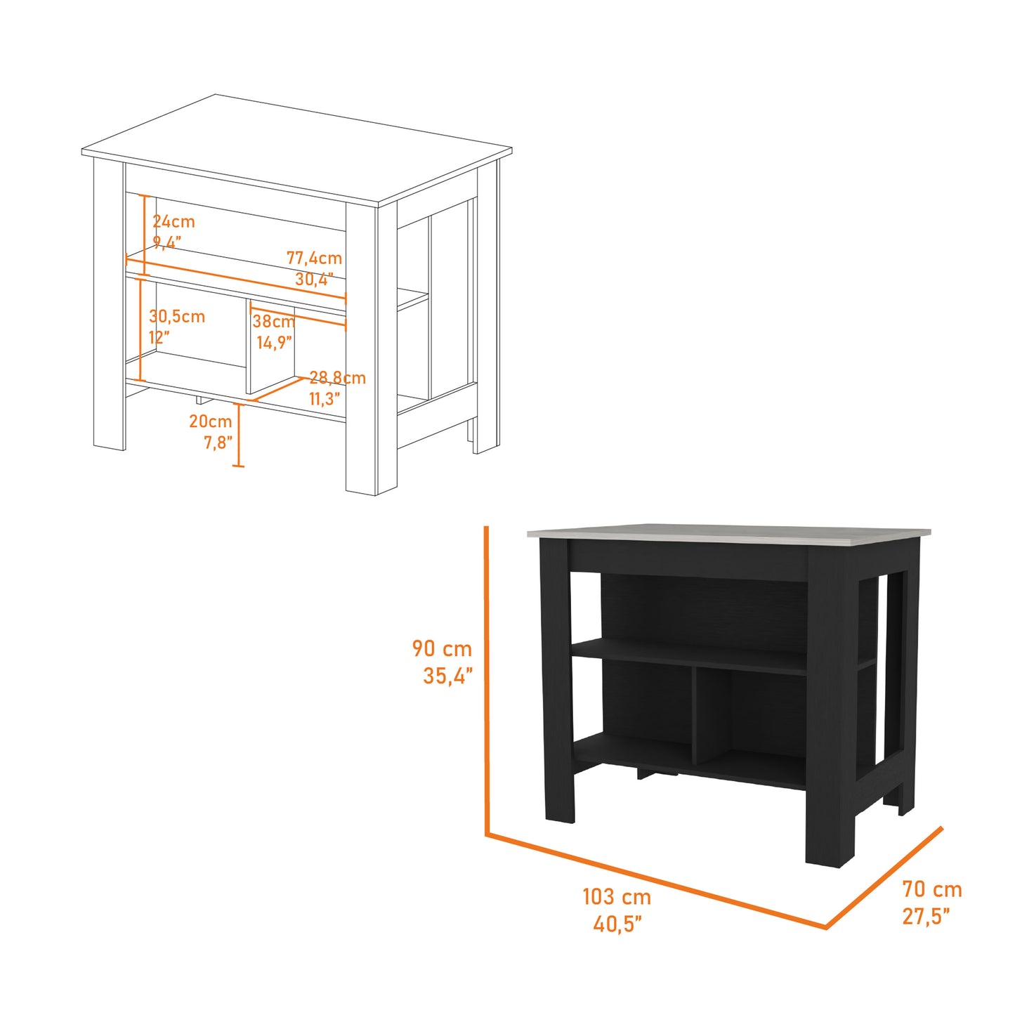 Black kitchen island with multiple shelves