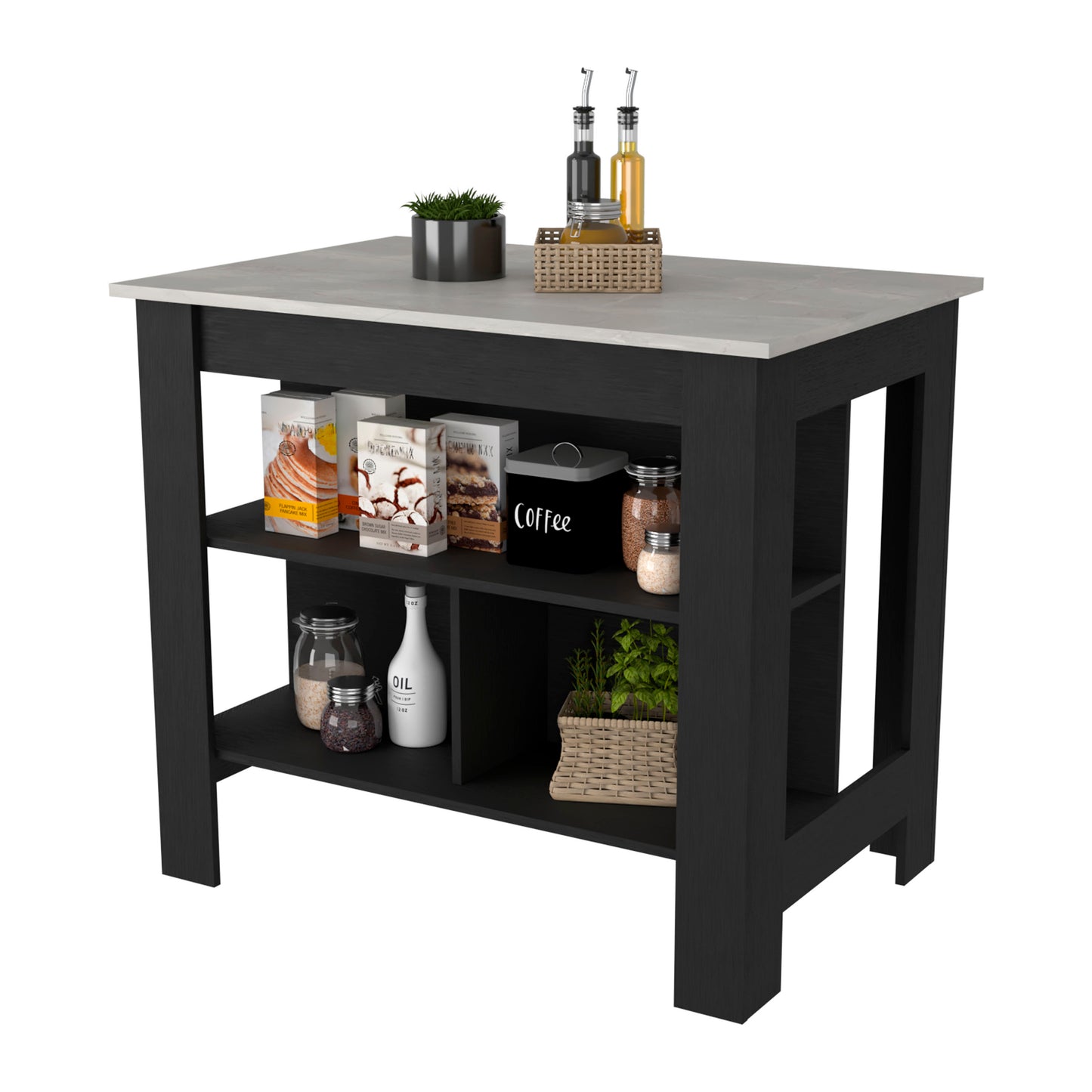 Black kitchen island with marble top and open shelving