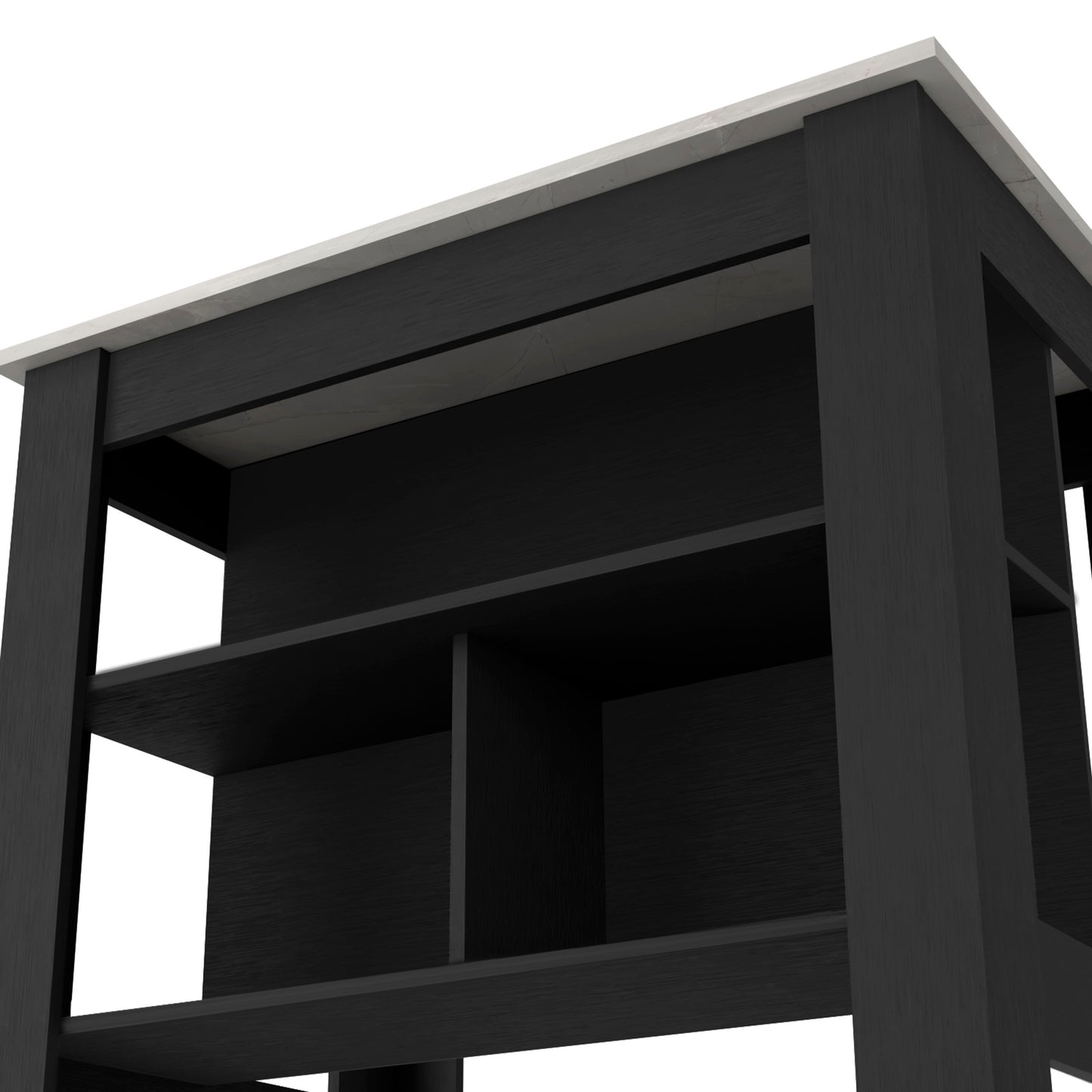 Black modern wood bookshelf with marble top