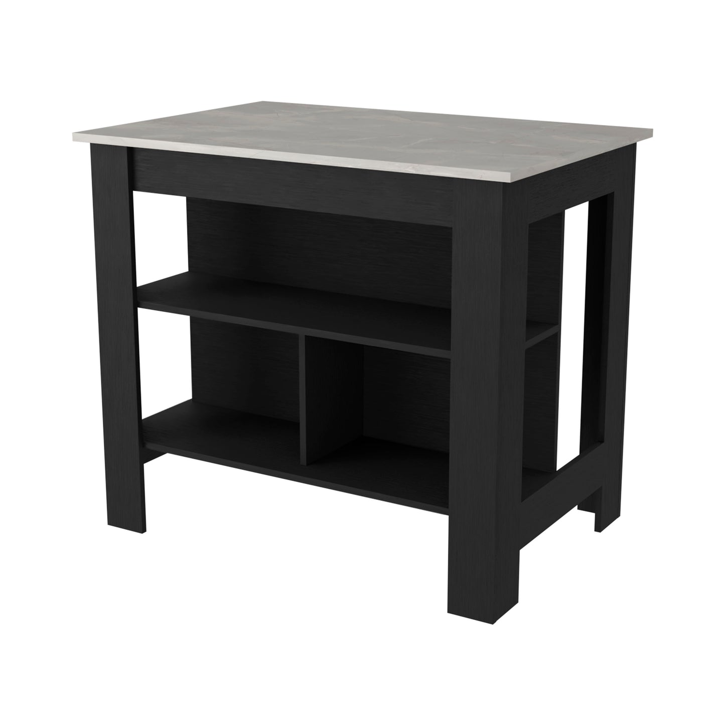 Black kitchen island with marblelook countertop and open shelving