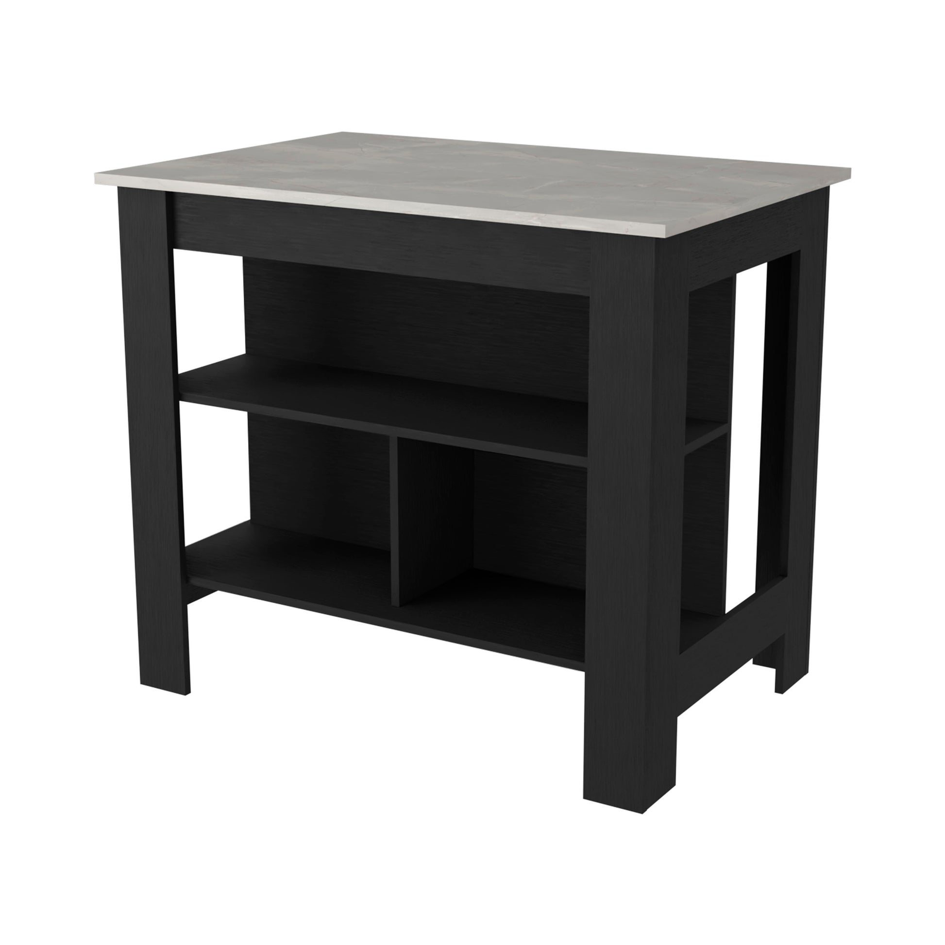 Black kitchen island with marblelook countertop and open shelving