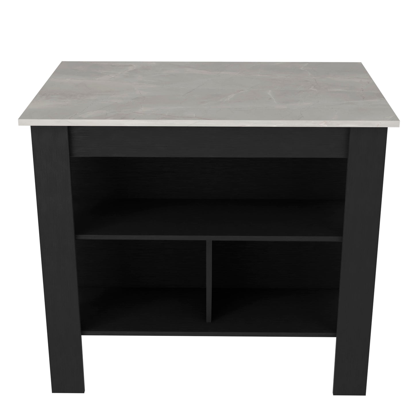 Black kitchen island with marble top and open shelving