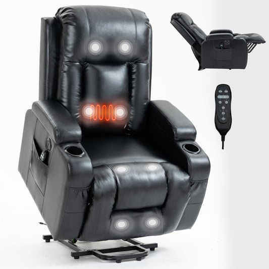 Black leather recliner chair with heating and massage functions for ultimate comfort