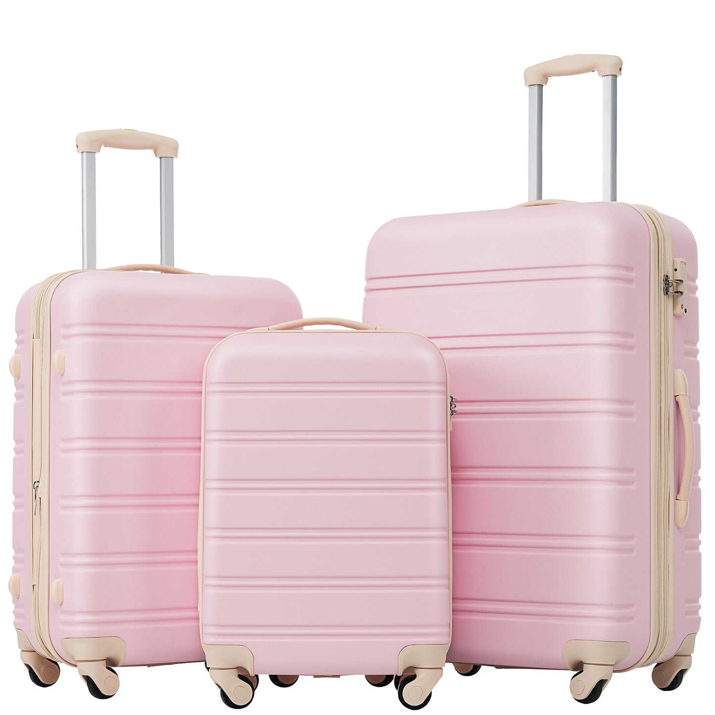 Three pink hardside suitcases in varying sizes perfect for travel