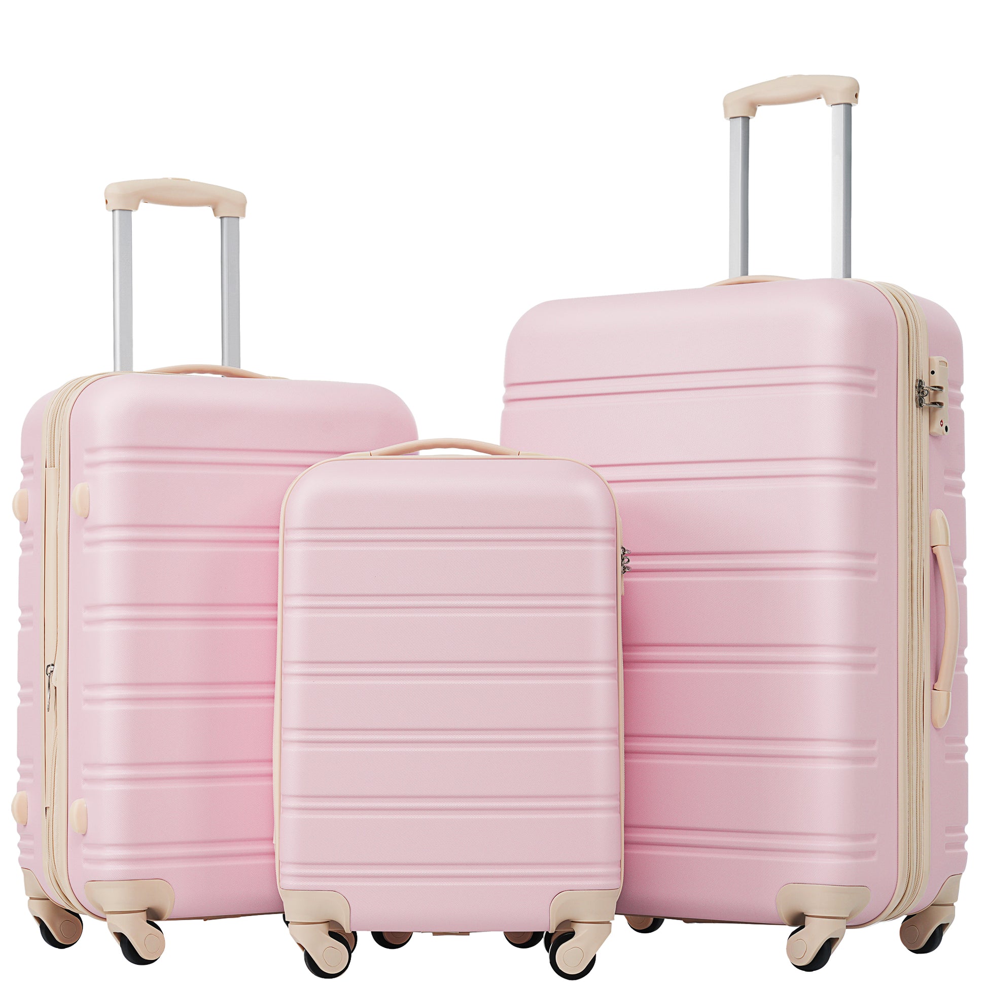 Three pink hardside suitcases in varying sizes perfect for travel