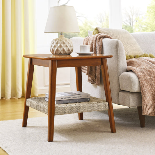 Walnut wood end table with a woven shelf perfect for living room accents