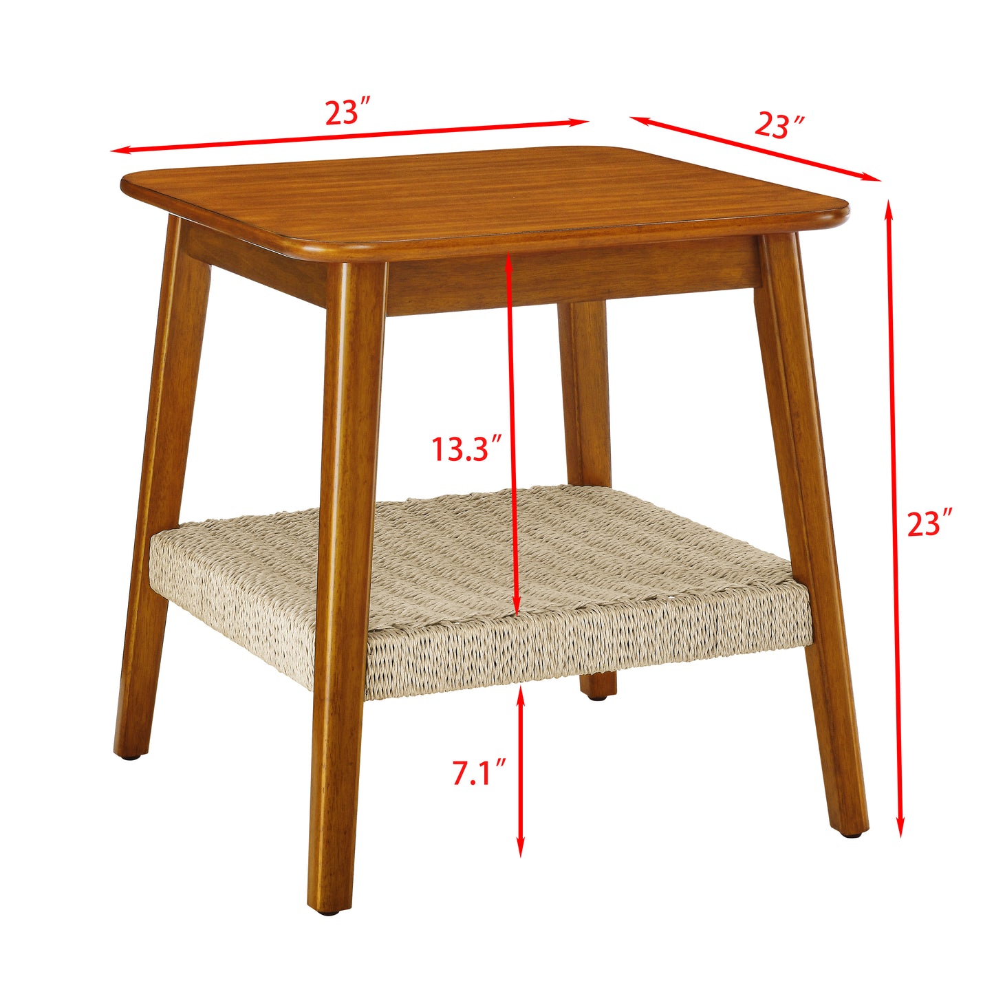 Square wood end table with woven shelf  inches wide  inches high